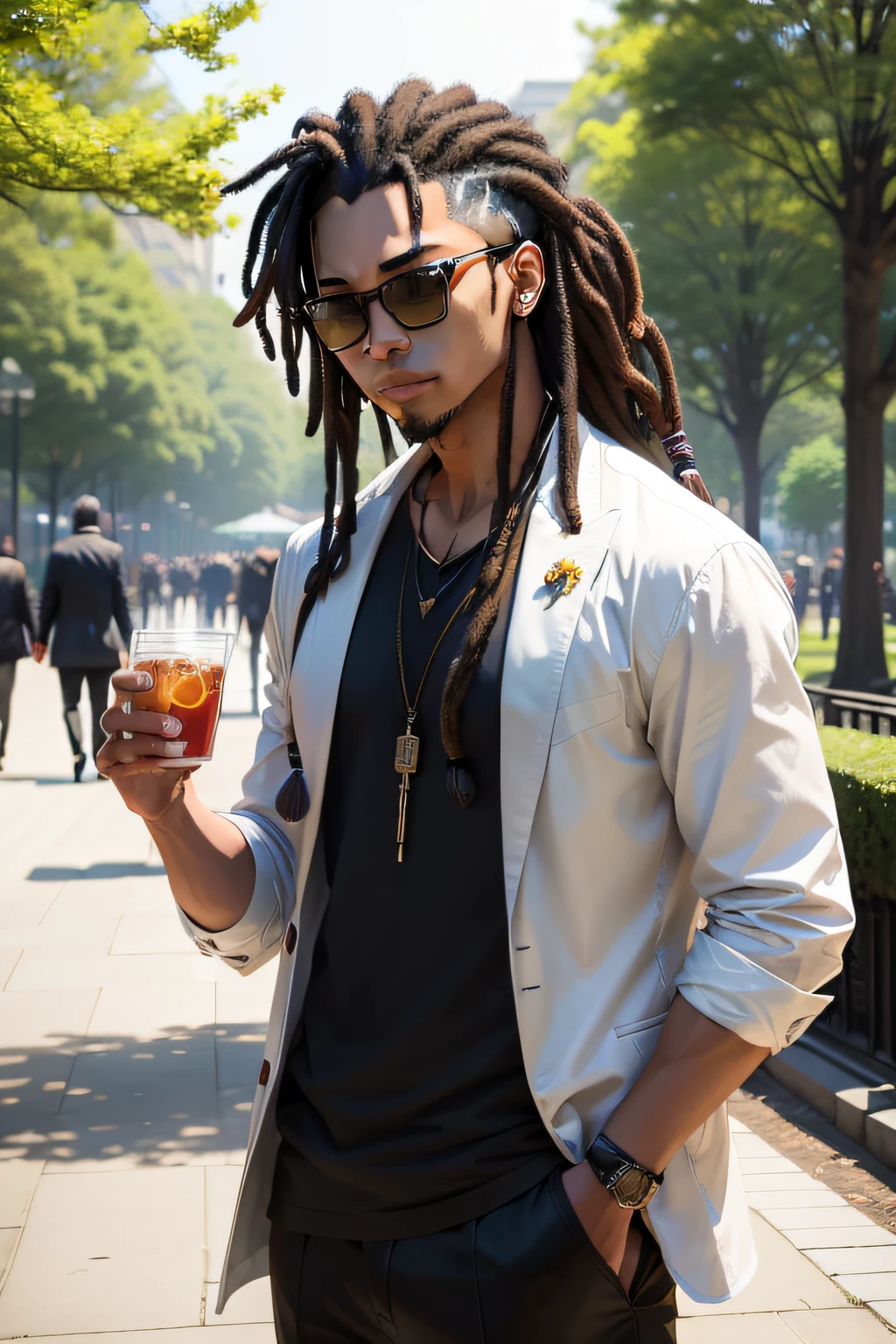 Men enjoying highballs。wears sunglasses。dreadlock hair。a park。