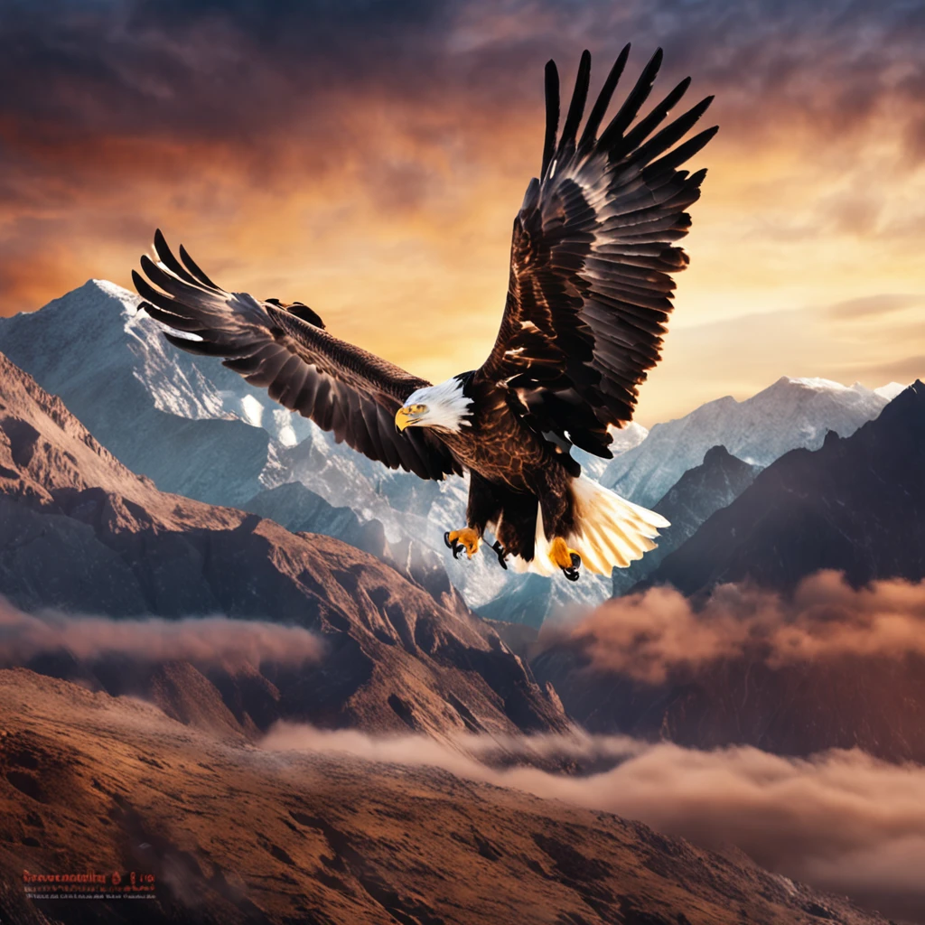 (((Create a masterpiece of a great eagle))) gracefully flying in the sky, (((com asas majestosas em movimento))), against the breathtaking backdrop of the horizon, emergindo do pico do Everest.
