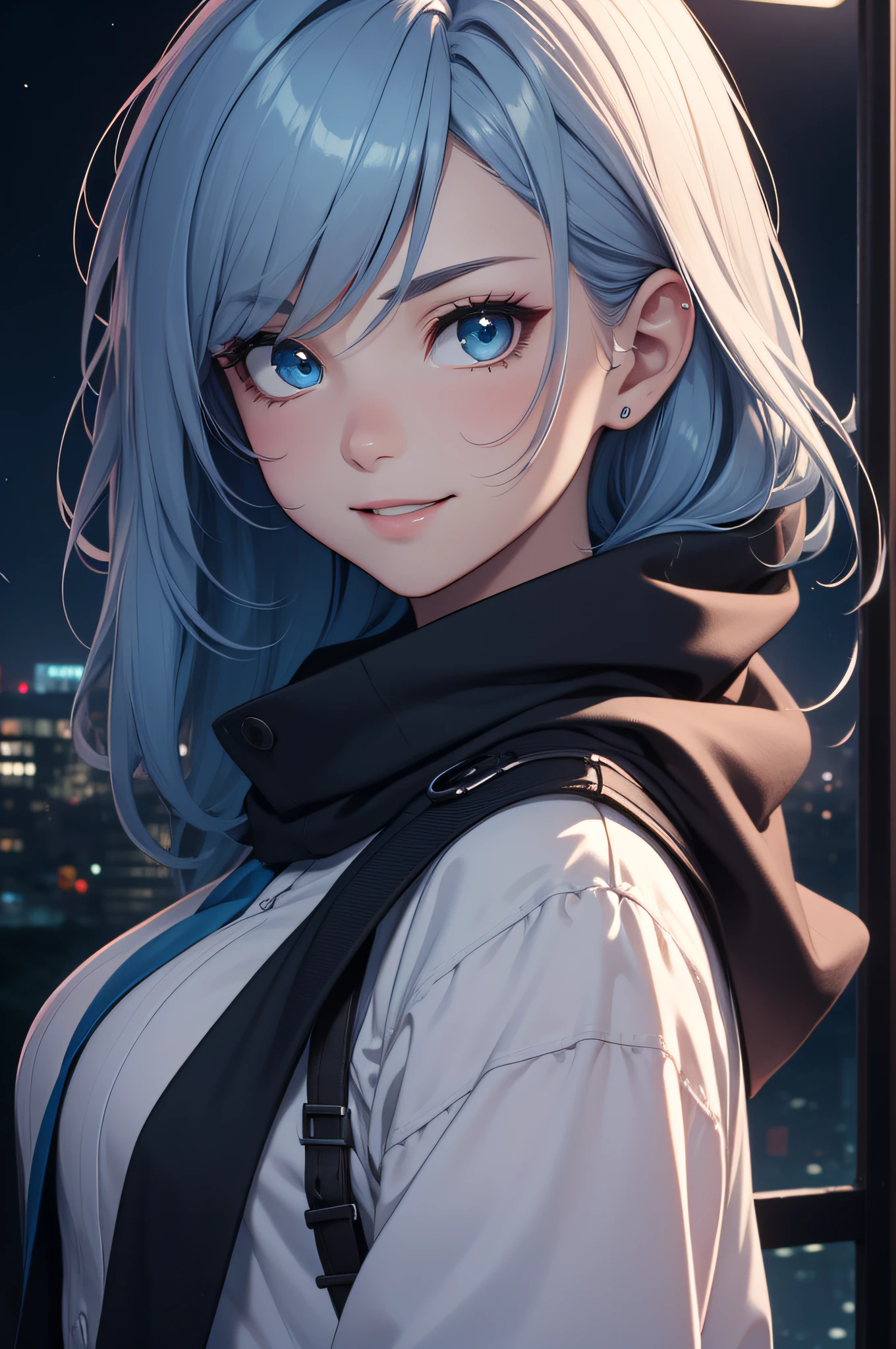 Best Quality、in 8K、32K、masutepiece、ultra-detailliert、超A high resolution、Impresionismo、Photorealsitic:1.2)、Dynamic lighting、dynamic shot、Detailed 3D rendering、Moody lighting、Detailed beautiful face and eyes、A slender、Medium bust、Full body、 Highly detailed background beauty face、Night sky background、20-year-old beauty、super detailed skin、Light blue hair、Long、Blue eyes、miscievous smile、Clothes are school uniforms
