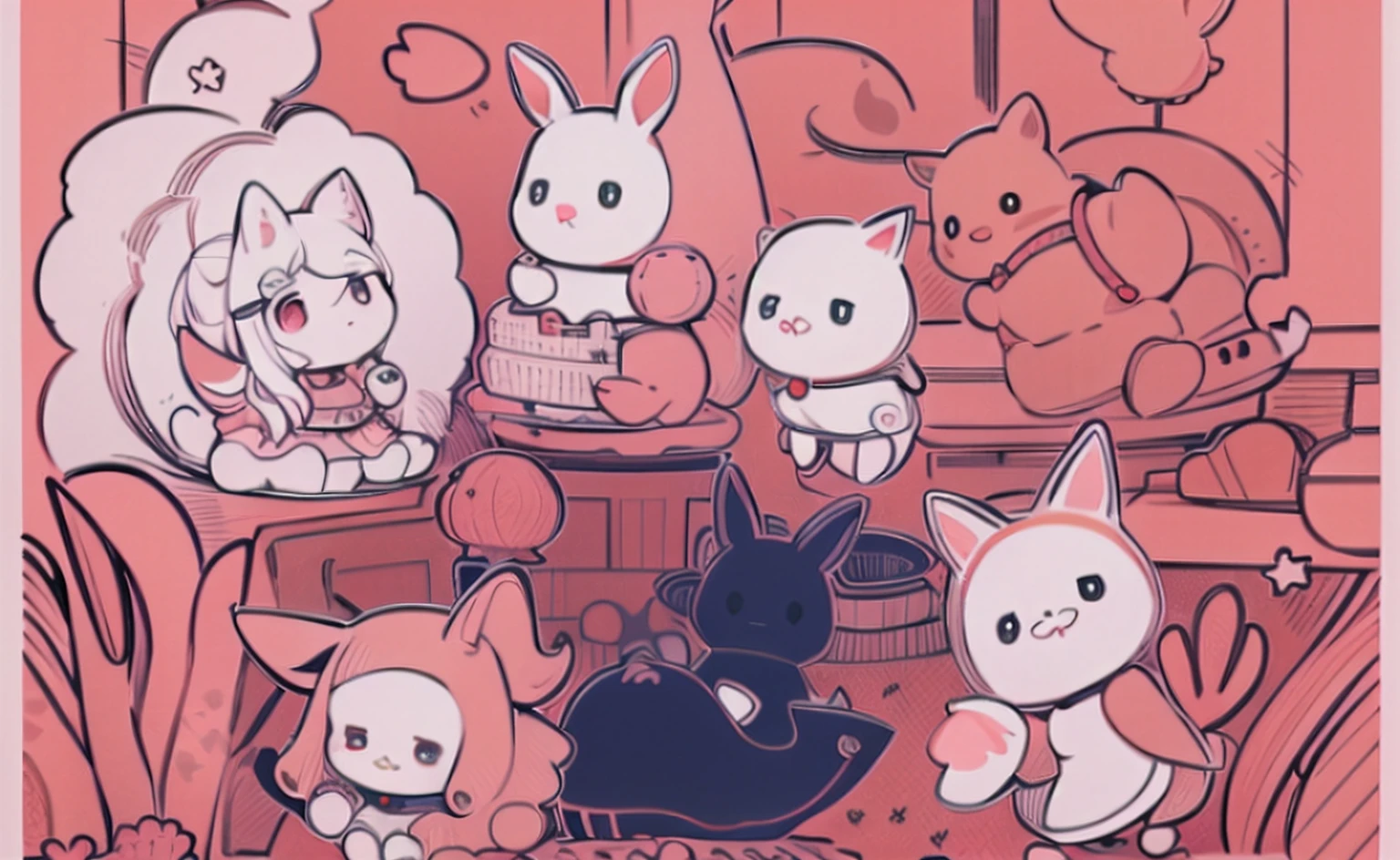 Simple vector editorial illustration , Flat, Cute Manga 、Sylvanian Family、Hareful、a Dog、dark circles、colourfull、coloring book