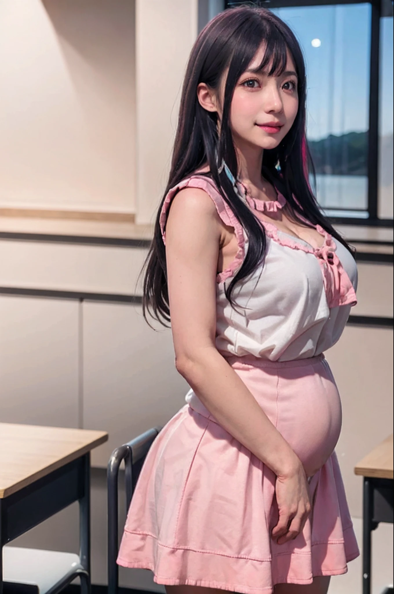 masterpiece, top-quality, finely detail, 1girl in, pink_rose髪, pleatedskirt, (校服),, cleavage of the breast, Classroom,middle pregnancy