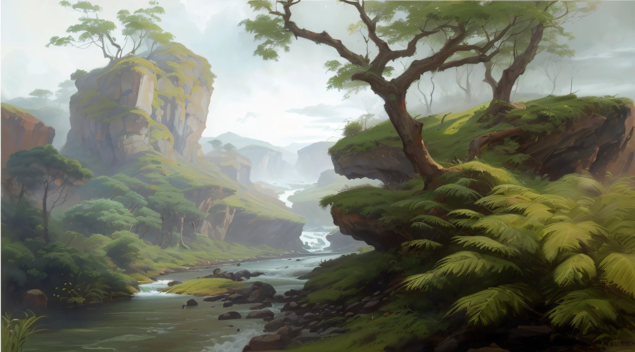 There is an image of a painting of a forest with a river, 8k resolution digital painting, 8k resolution digital painting, pintura de ambientes, 8K resolution concept art, 8K resolution concept art, Pintura digital fosca 4K HD, motor irrealpintura digital, arte do jogo pintura fosca, 4k resolution concept art, Arte conceitual 4k, Arte conceitual 4K