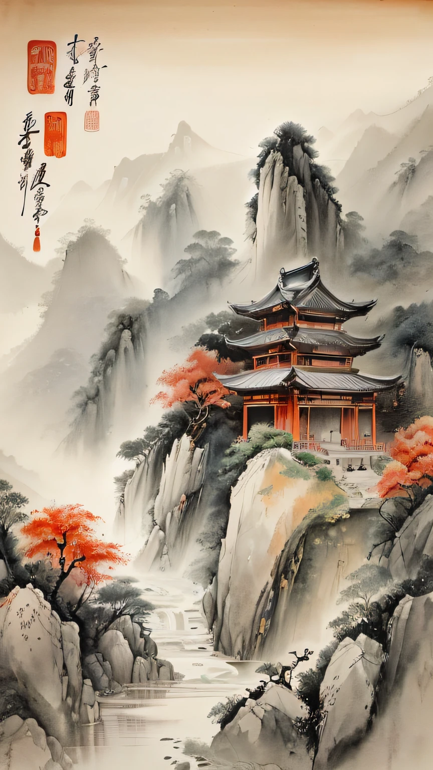 painting of a pagoda in a mountain with a river running through it, chinese landscape, traditional chinese painting, traditional chinese watercolor, chinese painting style, chinese watercolor style, traditional chinese ink painting, chinese style painting, traditional chinese art, traditional chinese, chinese ink painting, chinese painting, chinese watercolor, chinese art, digital painting of a pagoda, asian art