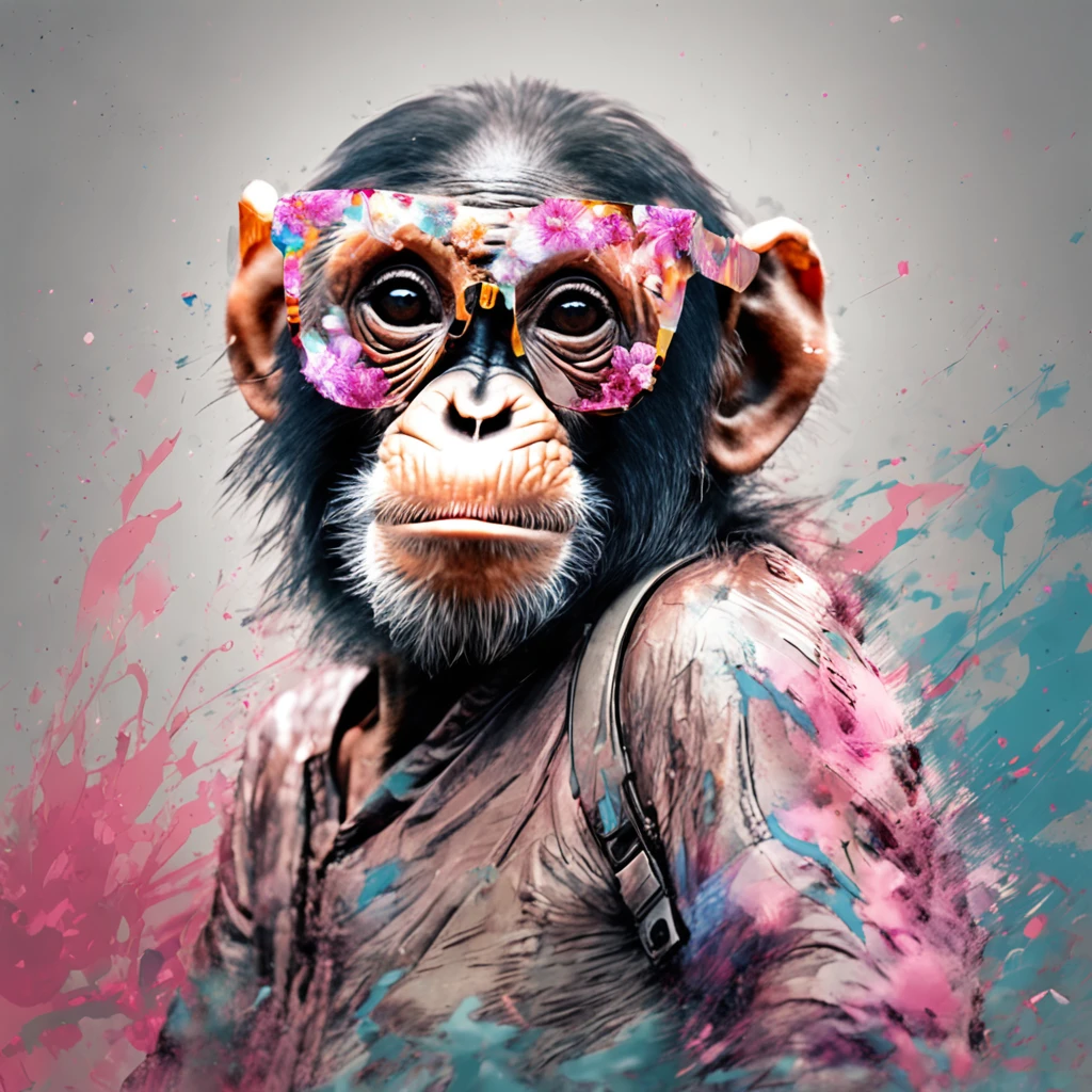 Perfect centering, Cute little chimpanzee, Wearing a jacket，crystal vases，Rose flower, Wearing sunglasses, cheerfulness, Standing position, Abstract beauty, Centered, Looking at the camera, Facing the camera, nearing perfection, Dynamic, Highly detailed, smooth, Sharp focus, 8K, high definition resolution, illustration, Art by Carne Griffiths and Wadim Kashin, White background