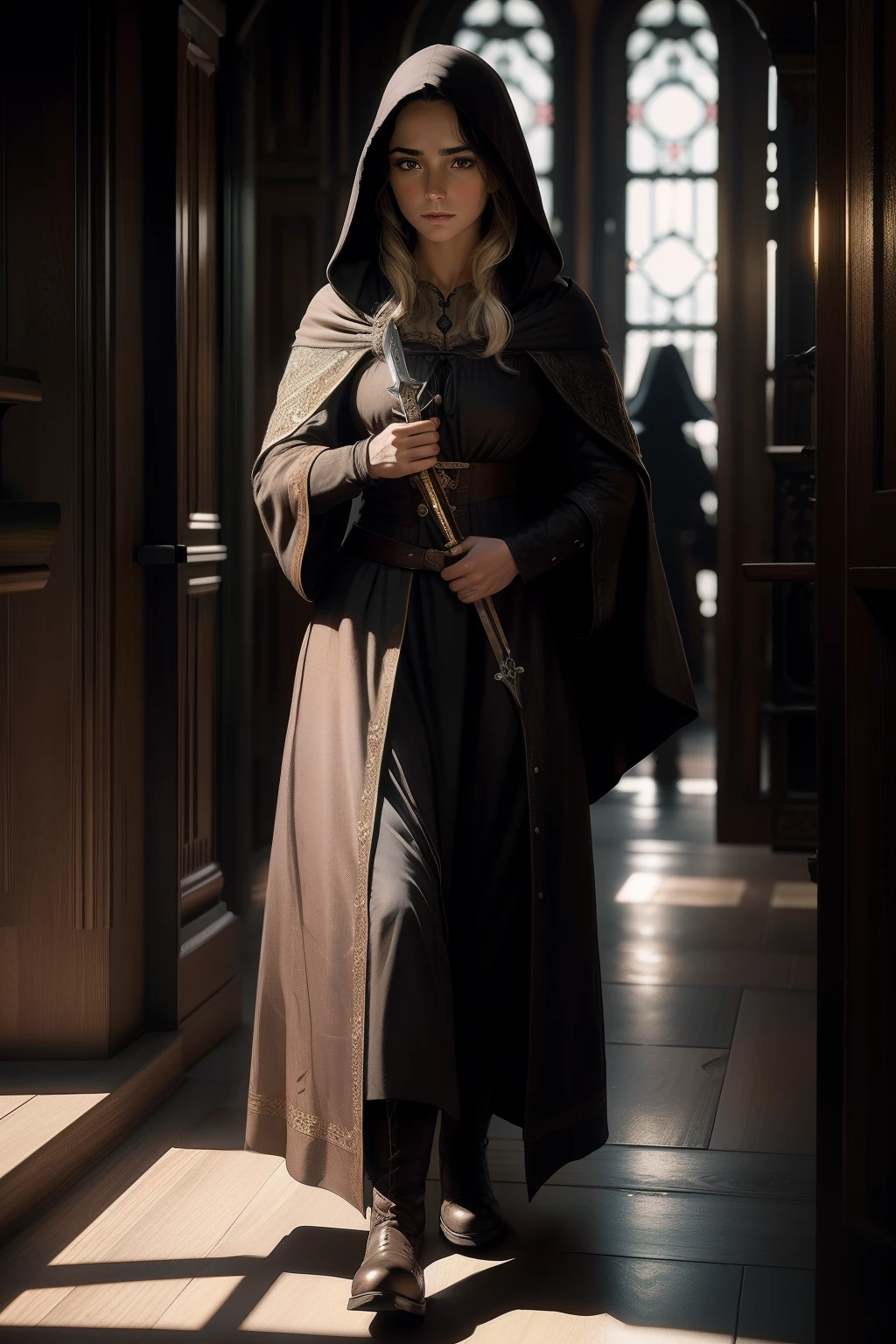 Dark Agnes de Chastillon, personagem feminina criada por Robert Ervin Howard, mulher de cabelos ruivos curtos,trimmed to the shoulder,cor vermelha, olhos azuis penetrantes, sensualidade selvagem, Woman wearing men's clothes without losing her sensuality with long boots up to the thigh and a dark hooded robe , set in the sixteenth century,holding a sword in one hand and in the other with a gunpowder pistol ready to fire,no campo de batalha enfrentando seus inimigos com destreza e coragem , little lighting,film composition photography, Very detailed, extremely high-resolution, cor profissional, luz maravilhosa, luz do dia, 300k resolution,
altamente realista, muitos detalhes.