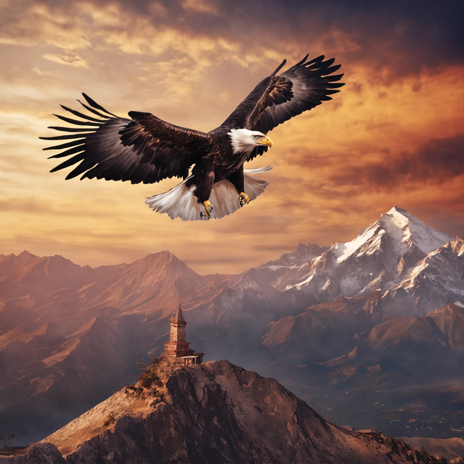 (((Create a masterpiece of a great eagle))) gracefully flying in the sky, (((com asas majestosas em movimento))), against the breathtaking backdrop of the horizon, emergindo do pico do Everest.