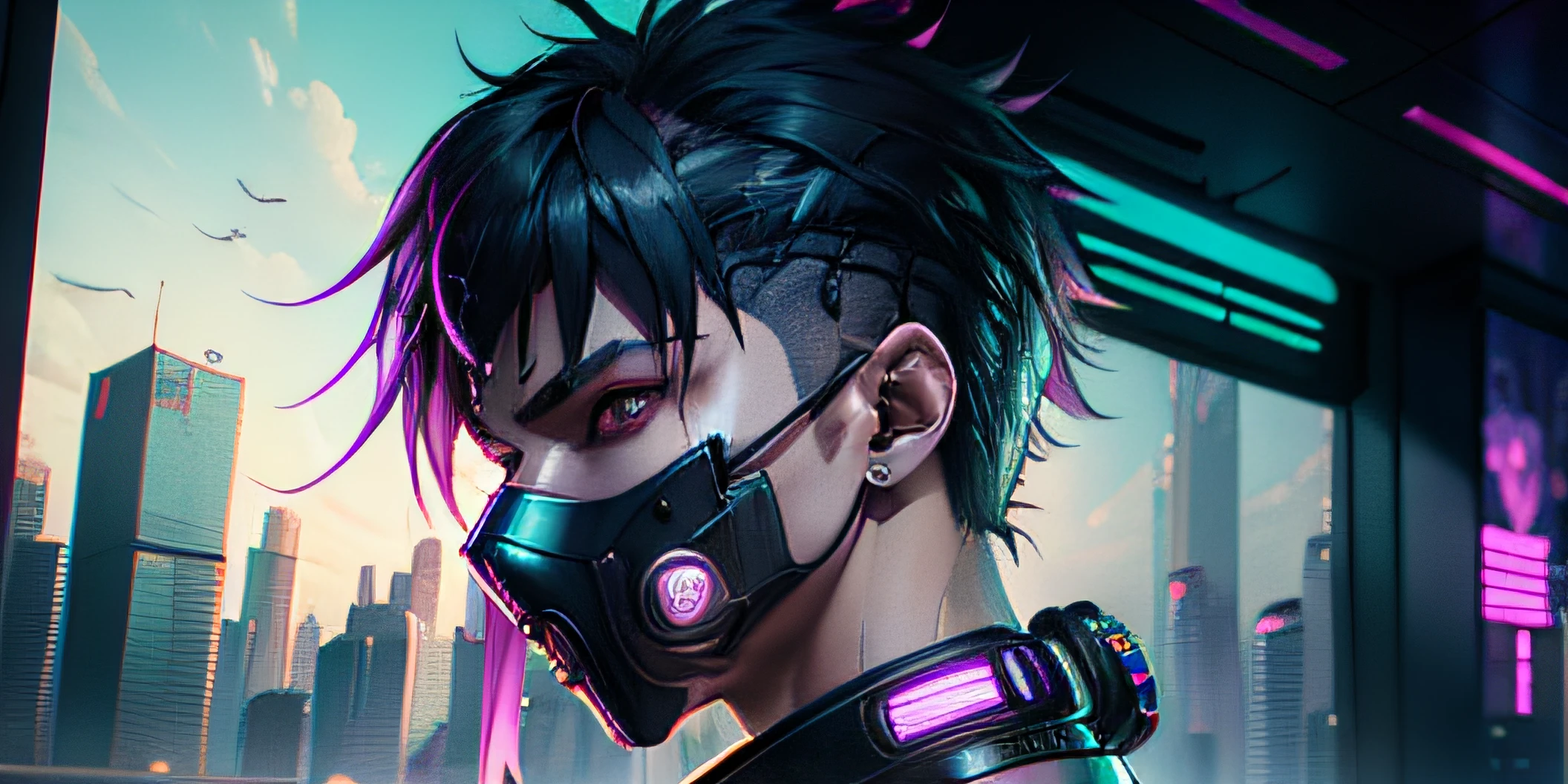 there is a man with a mask standing in a room with a city view, styled like ghost in the shell, cyberpunk 2 0 y. o model man, cyberpunk outfit, male cyberpunk anime, posing in neo - tokyo futuristic, cyberpunk male, cyberpunk anime male, cyberpunk male model, cyberpunk outfit, dreamy cyberpunk girl, cyberpunk fashion clothing, high quality image, masterpiece