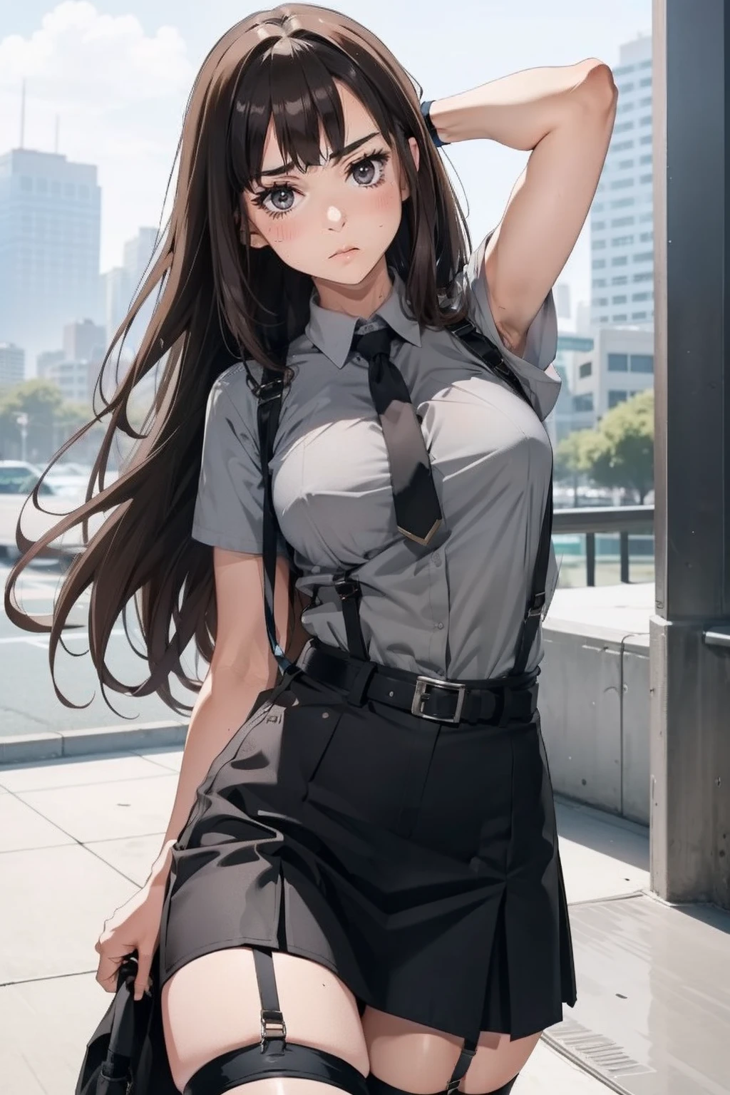 Black skirt, 　suspenders, Brown hair Gray eyes, Garter belt on the legs, Tight clothes, 　　 a belt　Armpit sweat　　deadpan　Moderate breasts