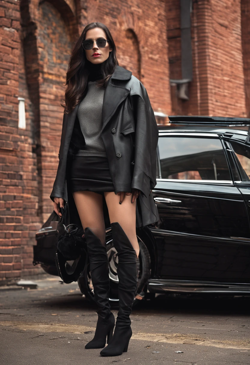 Over-the-knee boots, black silk, black tights, black leather skirt, star face