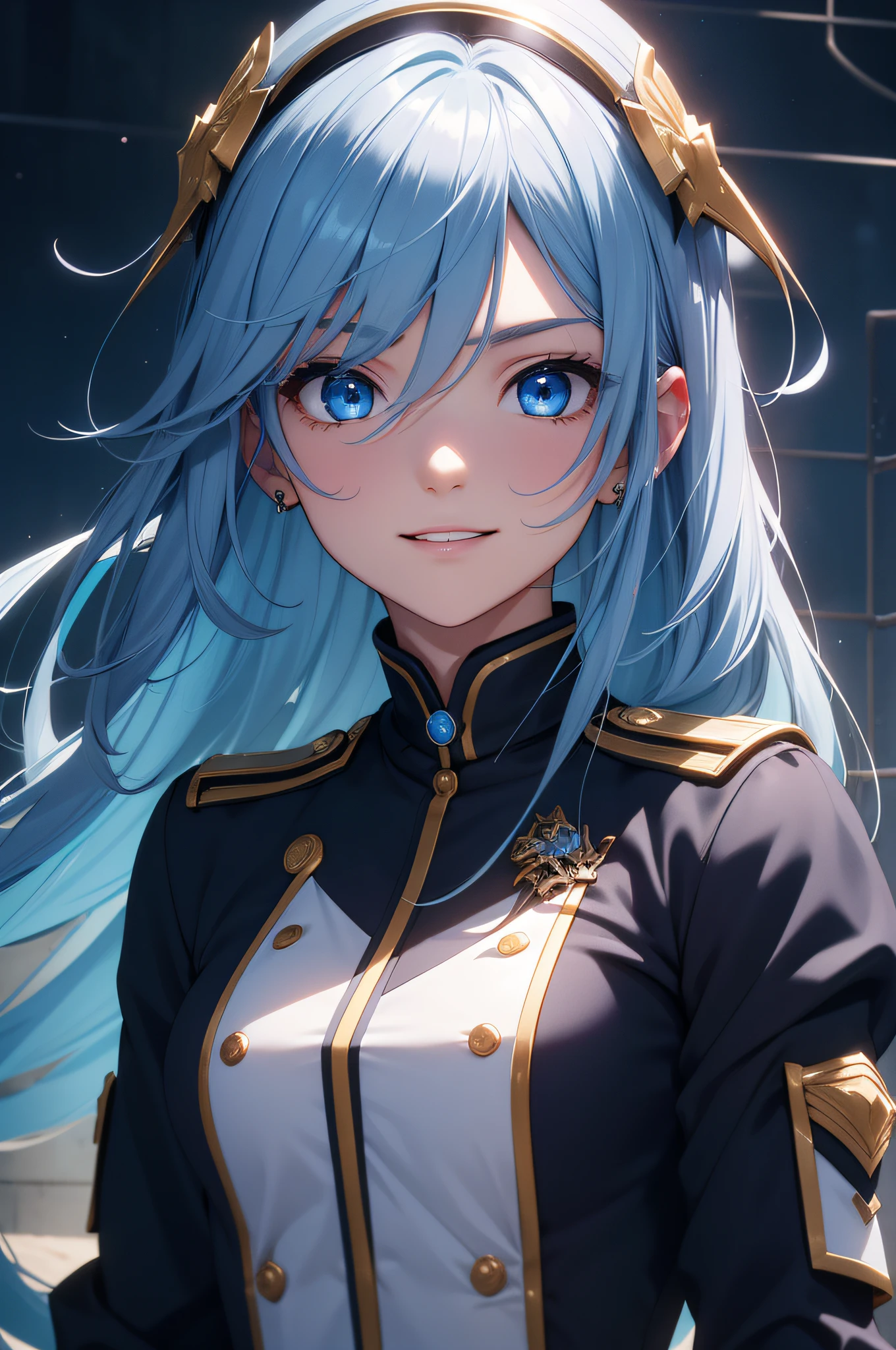 Best Quality、in 8K、32K、masutepiece、ultra-detailliert、超A high resolution、Impresionismo、Photorealsitic:1.2)、Dynamic lighting、dynamic shot、Detailed 3D rendering、Moody lighting、Detailed beautiful face and eyes、A slender、Medium bust、Full body、 Highly detailed background beauty face、Night sky background、20-year-old beauty、super detailed skin、Light blue hair、The long-haired、Blue eyes、miscievous smile、Uniform、full bodyesbian、Shooting with a pull