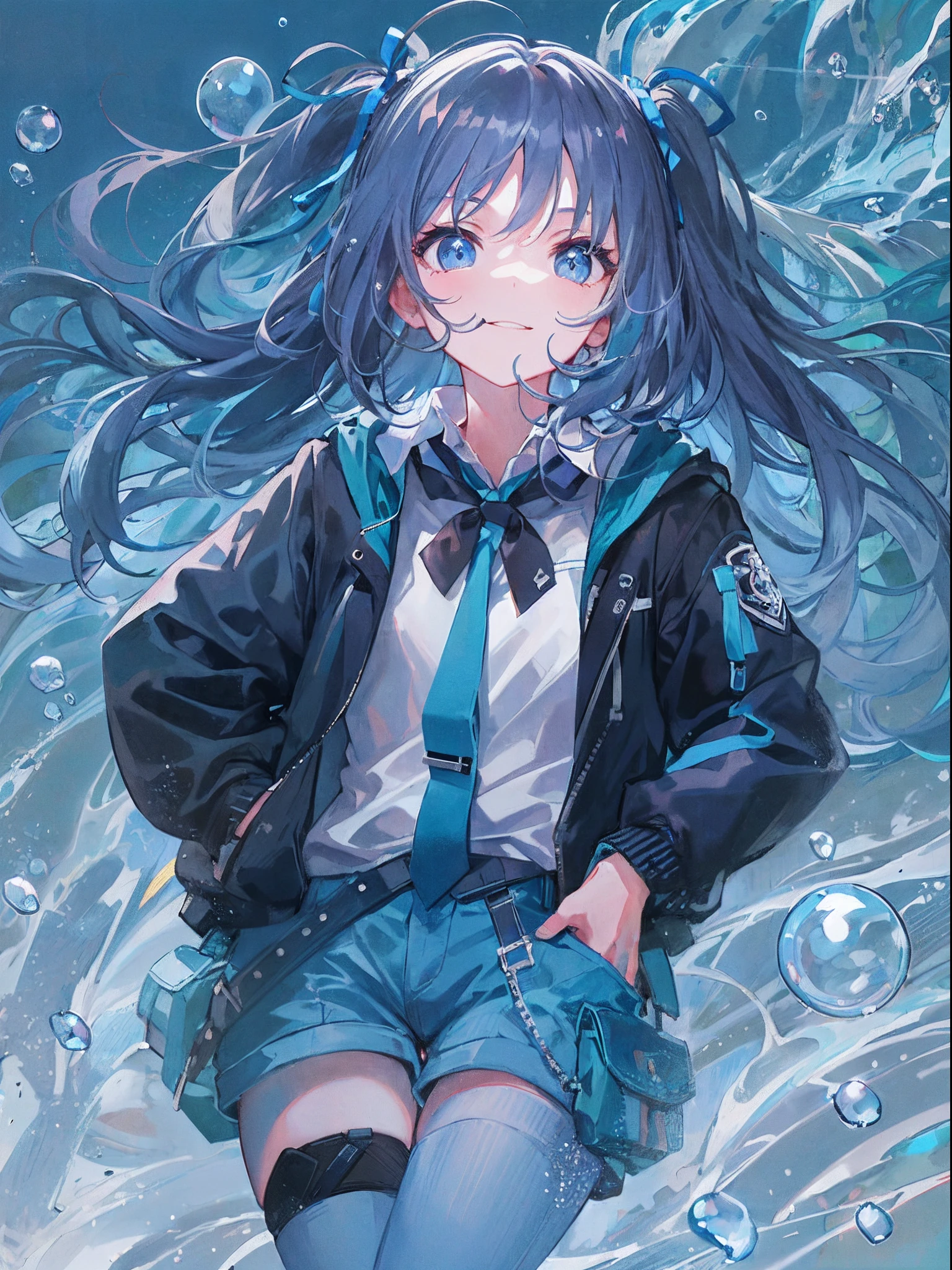 ((top-quality)), ((​masterpiece)), ((ultra-detailliert)), (extremely delicate and beautiful), girl with, 独奏, cold attitude,((Black jacket)),She is very(relax)with  the(Settled down)Looks,A dark-haired, depth of fields,evil smile,Bubble, under the water, Air bubble,bright light blue eyes,Inner color with light blue hair and dark blue tips,Cold background,Bob Hair - Linear Art, shortpants、knee high socks、White uniform like school uniform、Light blue ribbon ties、Clothes are sheer、Hands in pockets