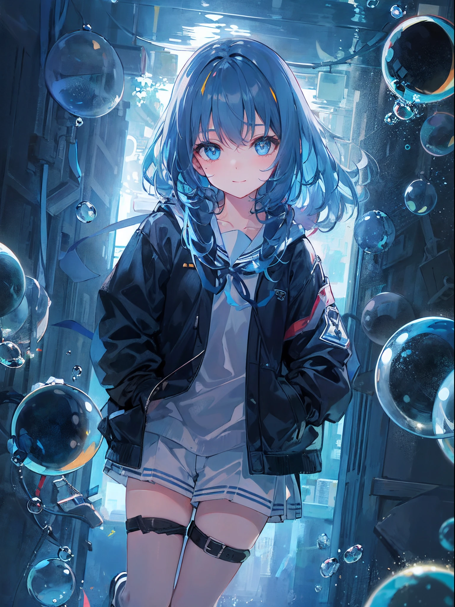 ((top-quality)), ((​masterpiece)), ((ultra-detailliert)), (extremely delicate and beautiful), girl with, 独奏, cold attitude,((Black jacket)),She is very(relax)with  the(Settled down)Looks,A dark-haired, depth of fields,evil smile,Bubble, under the water, Air bubble,bright light blue eyes,Inner color with light blue hair and dark blue tips,Cold background,Bob Hair - Linear Art, shortpants、knee high socks、White uniform like school uniform、Light blue ribbon ties、Clothes are sheer、Hands in pockets