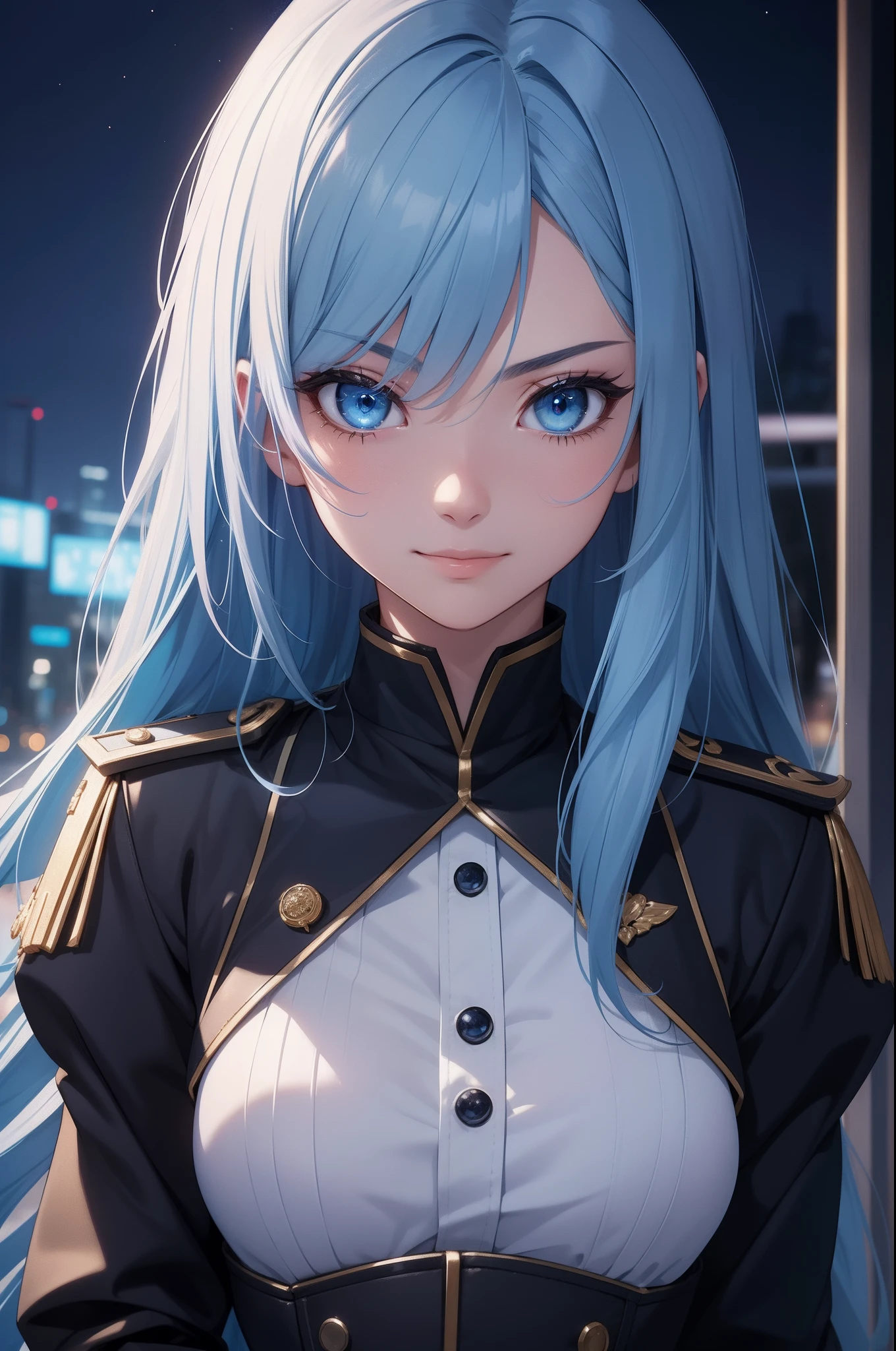 Best Quality、in 8K、32K、masutepiece、ultra-detailliert、超A high resolution、Impresionismo、Photorealsitic:1.2)、Dynamic lighting、dynamic shot、Detailed 3D rendering、Moody lighting、Detailed beautiful face and eyes、A slender、Medium bust、Full body、 Highly detailed background beauty face、Night sky background、20-year-old beauty、super detailed skin、Light blue hair、The long-haired、Blue eyes、miscievous smile、Uniform、full bodyesbian、Shooting with a pull
