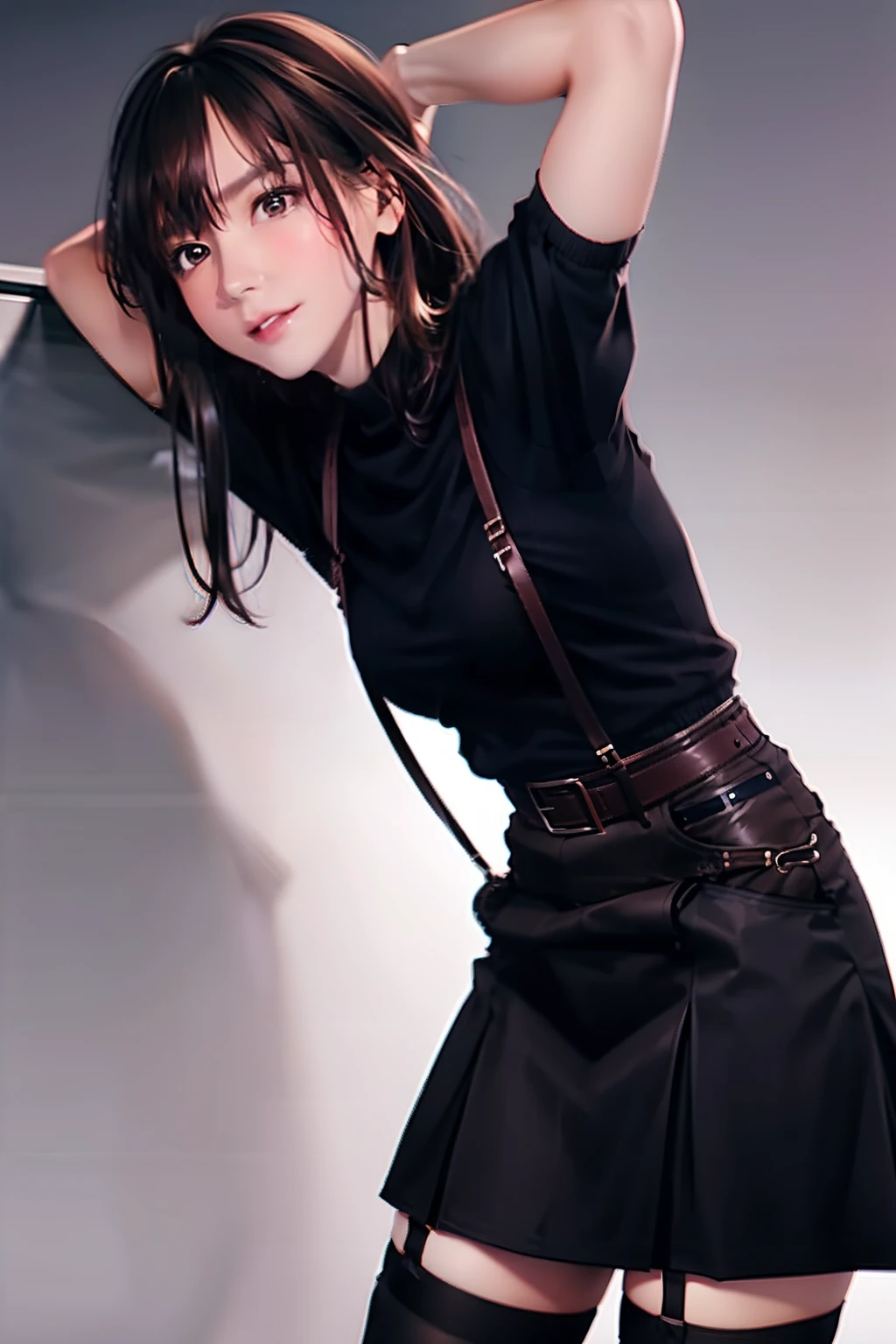 Black skirt, suspenders, Brown hair Gray eyes, Garter belt on the legs, Tight clothes, a belt Armpit sweat deadpan Moderate breasts