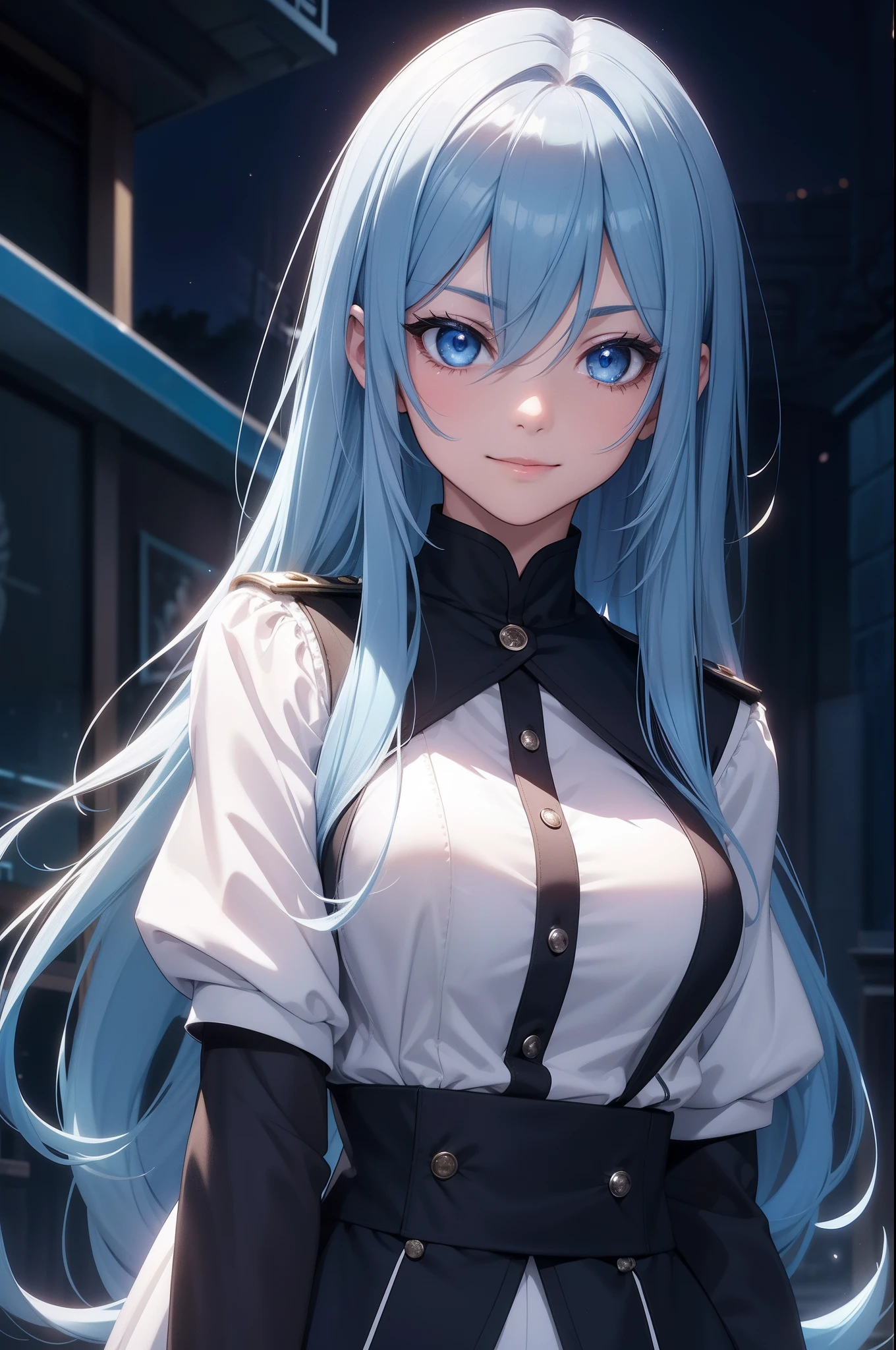 Best Quality、in 8K、32K、masutepiece、ultra-detailliert、超A high resolution、Impresionismo、Photorealsitic:1.2)、Dynamic lighting、dynamic shot、Detailed 3D rendering、Moody lighting、Detailed beautiful face and eyes、A slender、Medium bust、Full body、 Highly detailed background beauty face、Night sky background、20-year-old beauty、super detailed skin、Light blue hair、The long-haired、Blue eyes、miscievous smile、Uniform、full bodyesbian、Shooting with a pull