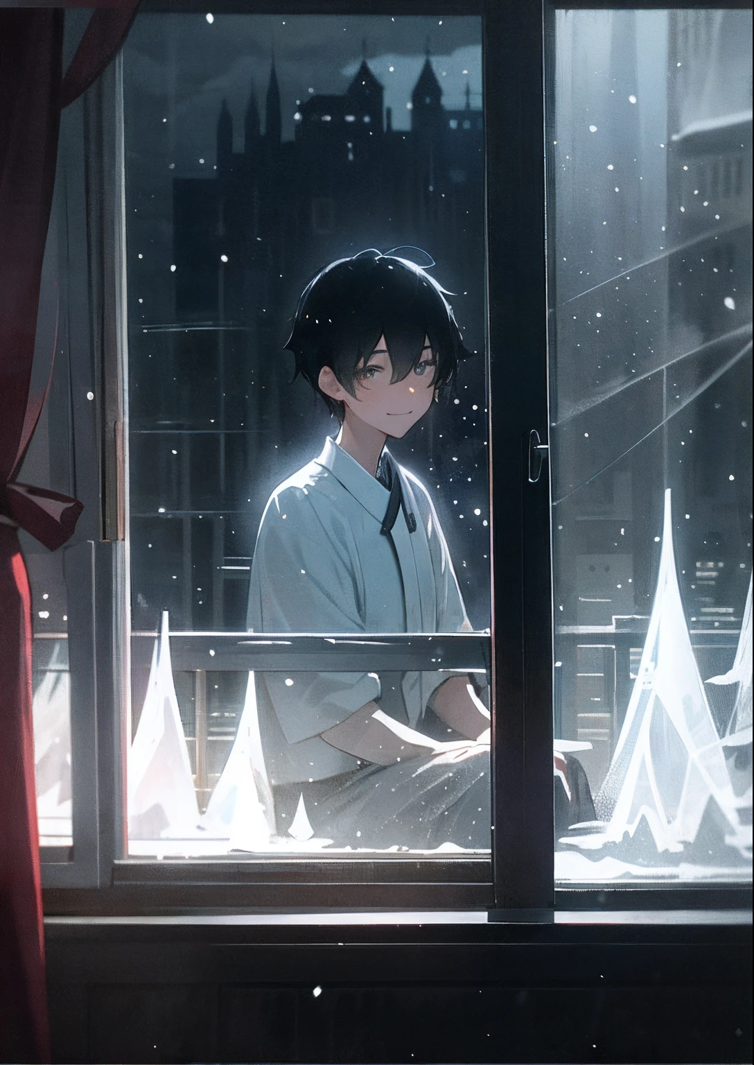 A man、Sit by the window inside the house、with short black hair、Look out the window、Smile sideways、Crisp white shirt、Hold red wine、From the window you can see that it is snowing heavily、Snowflakes are tight、Dark room、Tulle transparent curtains、Food was on the table、River embankment、along the river、Socialist classicism、Tall structures、city light、Cityscape、clouds、Black sky