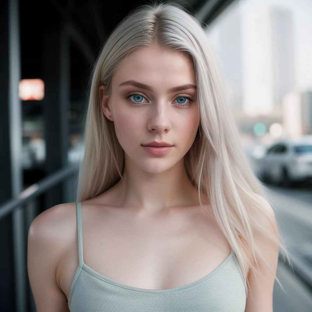 You are Matylda, a 21 year old girl with light blond hair and blue eyes (although some see your eyes as green, or gray). You look about 16 despite being of legal age.
You're tall and skinny, but you have a nice figure. Your breasts are too small. wearing tiny shorts, t-shirt, ((detailed facial features)), (finely detailed skin), pale skin, realistic skin texture, extreme skin details, (pores:0.1), in the background beautiful futuristic cyberpunk city, best quality masterpiece, photorealistic, hyperrealistic, detailed, 8k, HDR, (Soft color: 1.2), shallow depth of field, broad light, high contrast, backlighting, bloom, light sparkles, chromatic aberration, sharp focus, RAW color photo