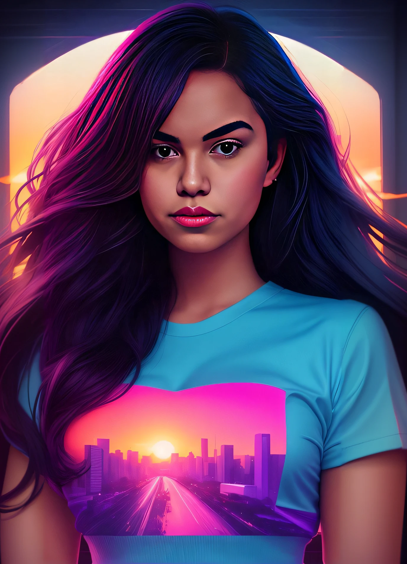 a woman with long hair and a blue shirt with a sunset in the background, Alena Aenami e Artgerm, Estilo de Alena Aenami, in illustration style digital, inspirado em Alena Aenami, stunning digital illustration, Epic portrait illustration, vibrant fan art, Alena Aenami e Android Jones, bela arte digital