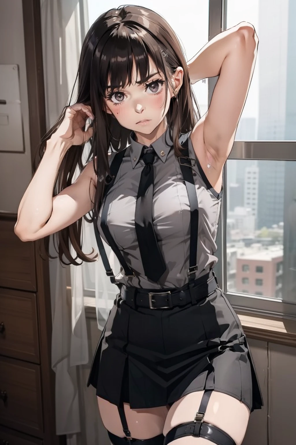 Black skirt, suspenders, Brown hair Gray eyes, Garter belt on the legs, Tight clothes, a belt Armpit sweat deadpan Moderate breasts tank top