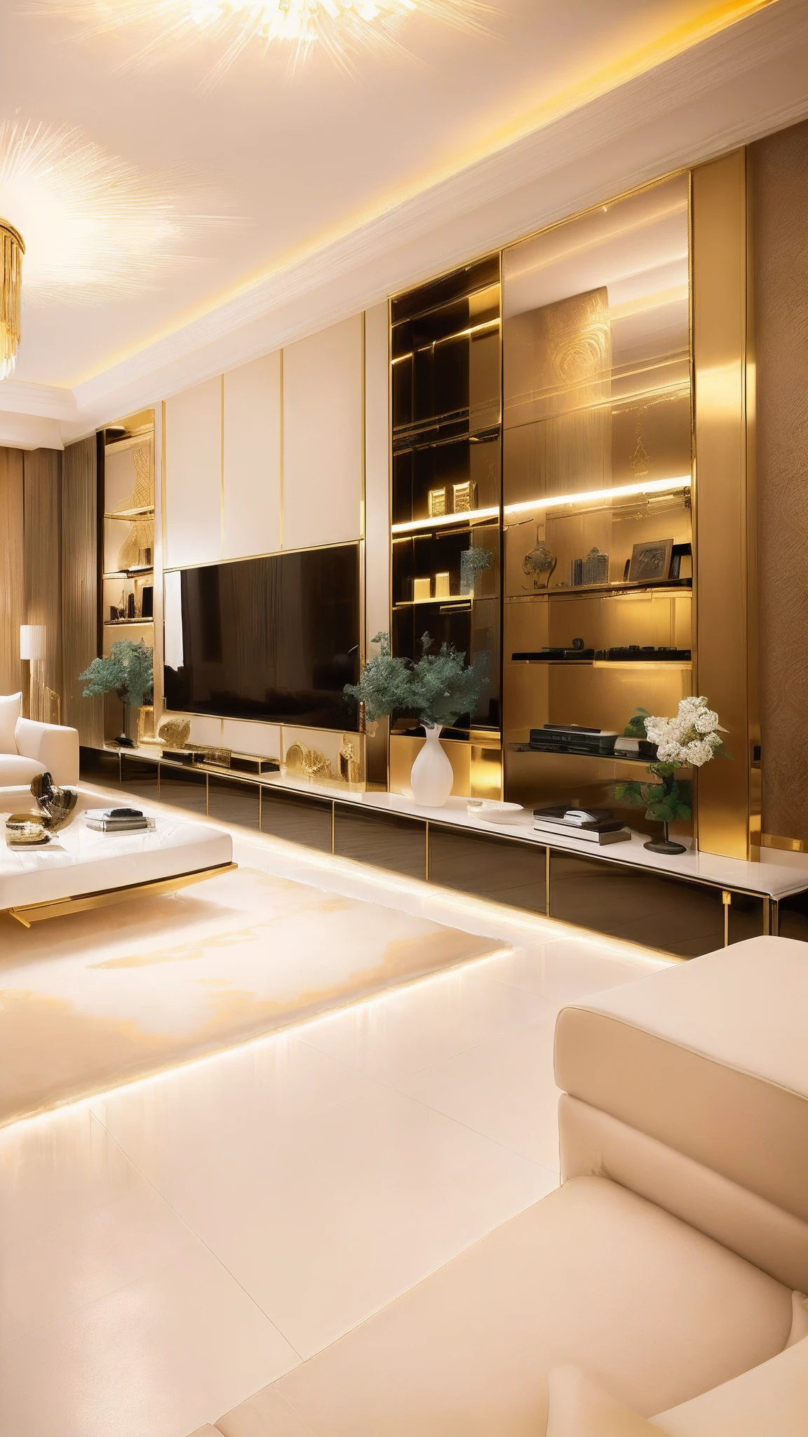 there is a living room with a large television and a couch, luxurious environment, luxury condo interior, elegant and refined, gold and luxury materials, fancy apartment, living room, popular interior design style, modern living room, living room interior design, luxury furniture, the living room, interior living room, high end interior, cream - colored room, living room vibe, apartment design