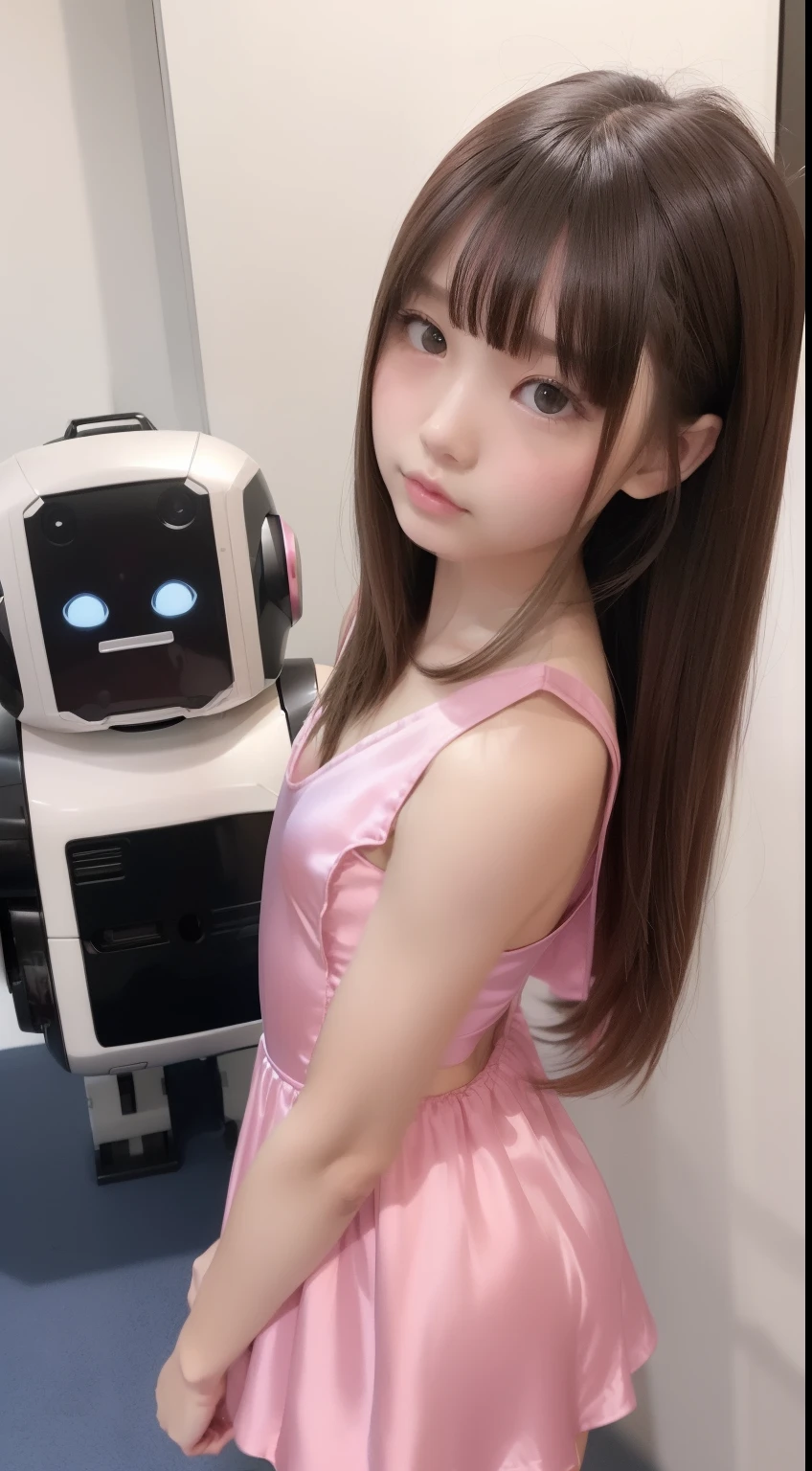 (Photorealsitic:1.4)、one-girl、(top-quality),(com rosto detalhado)、(Super well-formed face)、((Robot parts))、(Cyborg girl)、(Burgundy)、(metals)、(full bodyesbian)、(sexyposture)、(Slender body)、(tits out)、(Model body type)、(Mecha Exposure)、(akihabara)、(is looking at the camera)、(brunette color hair)、(9Head and body)、(a small face)、(heartthrob)、(frontage)、(It's standing)、(Photo session)、(Looks sad)、(Cyborg girl in pink satin dress)、(sleeve less)、(A miniskirt)