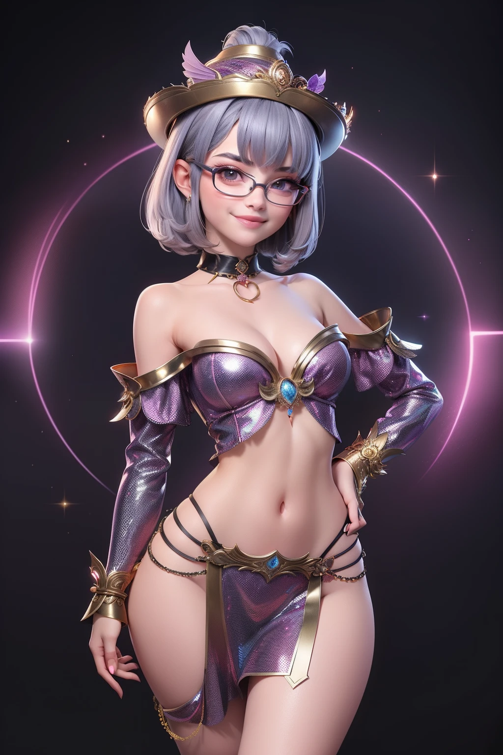 1 cute girl (18yo) glasses, upper body, slim waist, small breast, sexy pose, naugthy face, bangs, random hairstyle, cleavage, navel, collar, collarbone, off shoulder, seductive smile, wear intricately detail hot and sexy outfit, mystical warrior costume, wear unique hat, holographic and gold color. flat gray color for background