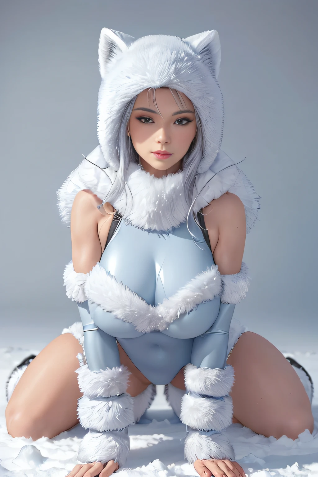 ((Best Quality, 8K, Masterpiece :1.3)), Arctic Vortex is a powerful and majestic female hero with a costume inspired by the snowy landscapes of the Canadian Arctic. Her attire consists of a sleek, insulated bodysuit in pristine white and icy blue shades, adorned with intricate patterns resembling frost and snowflakes. She wears a fur-lined hood and gloves, both resembling the fur of an Arctic fox, and her boots are designed to withstand the harshest cold. Arctic Vortex has striking silver hair that reflects the glistening snow, and her eyes are a piercing shade of ice blue. She carries herself with an air of regal confidence.