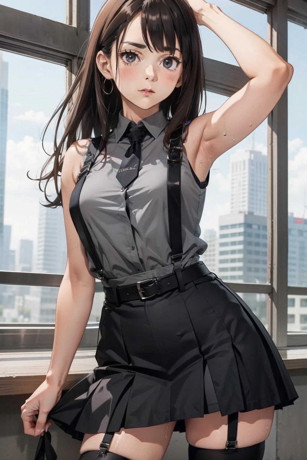 Black skirt, suspenders, Brown hair Gray eyes, Garter belt on the legs, Tight clothes, a belt Armpit sweat deadpan Moderate breasts tank top