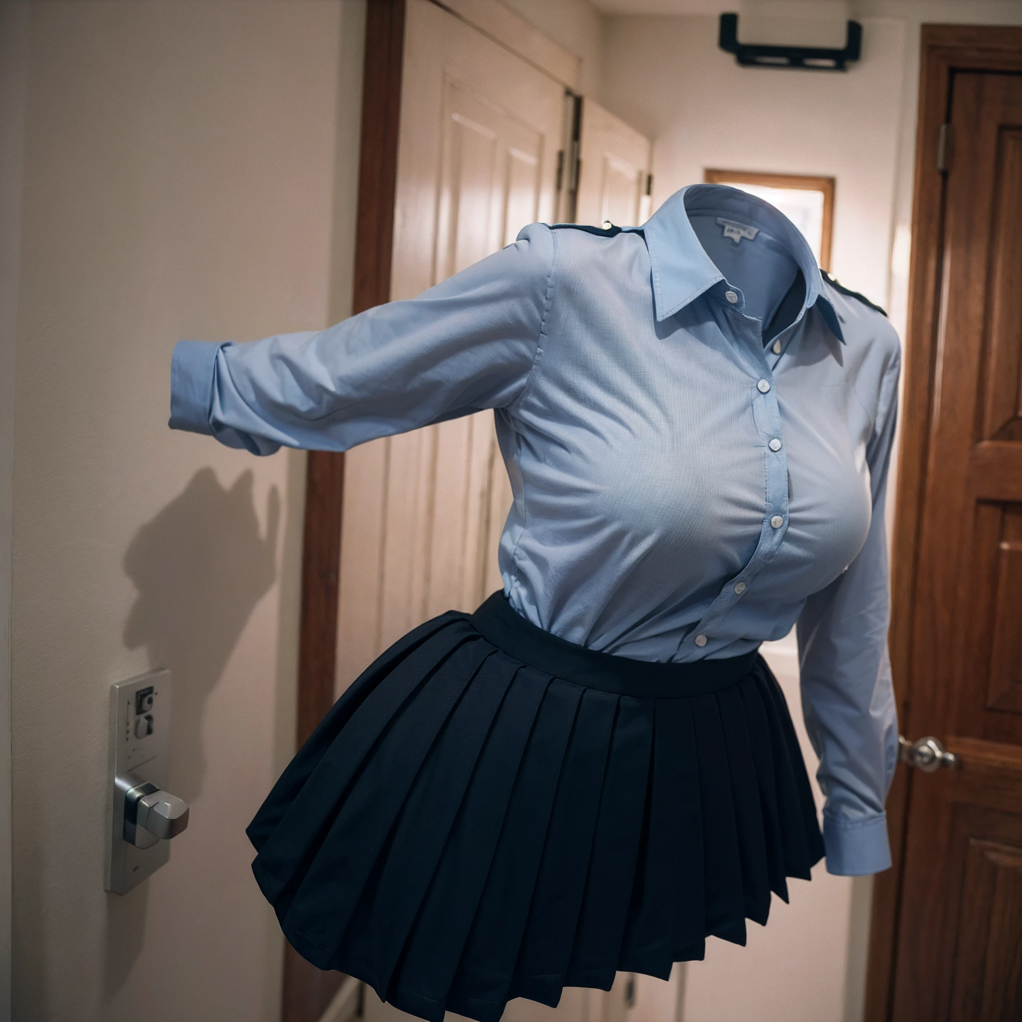 (girls' school blouse on hanger:1.7) , (school blouse suits swells as if worn by invisible girl:1.7),((invisible, no humans:1.7, headless:1.7, handless, legless)), (big breasts:1.9),(in the closet), (sleeve on the hip)
(8k, RAW photo, best quality, masterpiece:1.2), (realistic, photo-realistic:1.37),photon mapping, radiosity, ((Hasselblad photography)),physically-based rendering,