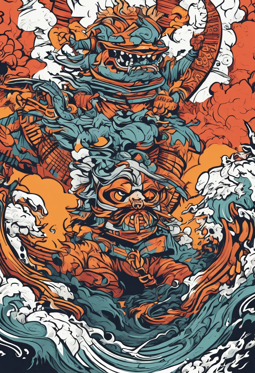 illustration twin katana colorful, fireburn, smoke and ocean wave, japan style artwork, detailed design for streetwear and urban style t-shirts design, hoodies, etc Pro Vector, high quality, digital art, bold line, hard line, circle logo.