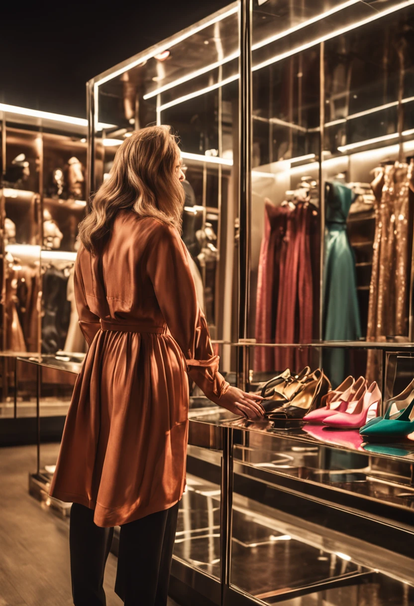Woman admiring showcase with various luxury clothes