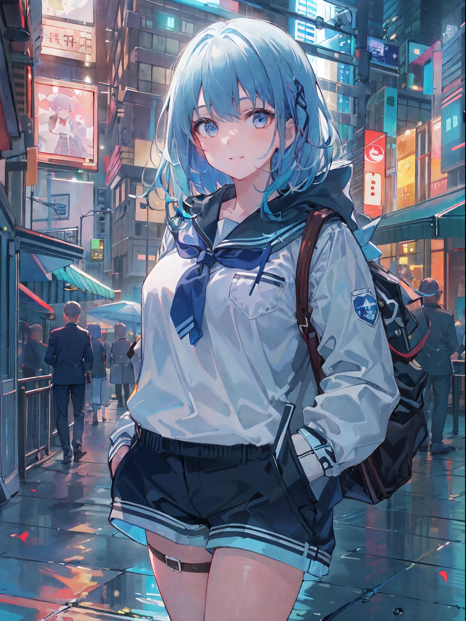 ((top-quality)), ((masterpiece)), ((ultra-detailliert)), (extremely delicate and beautiful), girl with, 独奏, cold attitude,((Black jacket)),She is very(relax)with the(Settled down)Looks,A dark-haired, depth of fields,evil smile,Bubble, under the water, Air bubble,bright light blue eyes,Inner color with light blue hair and dark blue tips,Cold background,Bob Hair - Linear Art, shortpants、knee high socks、White uniform like school uniform、Light blue ribbon ties、Clothes are sheer、Hands in pockets