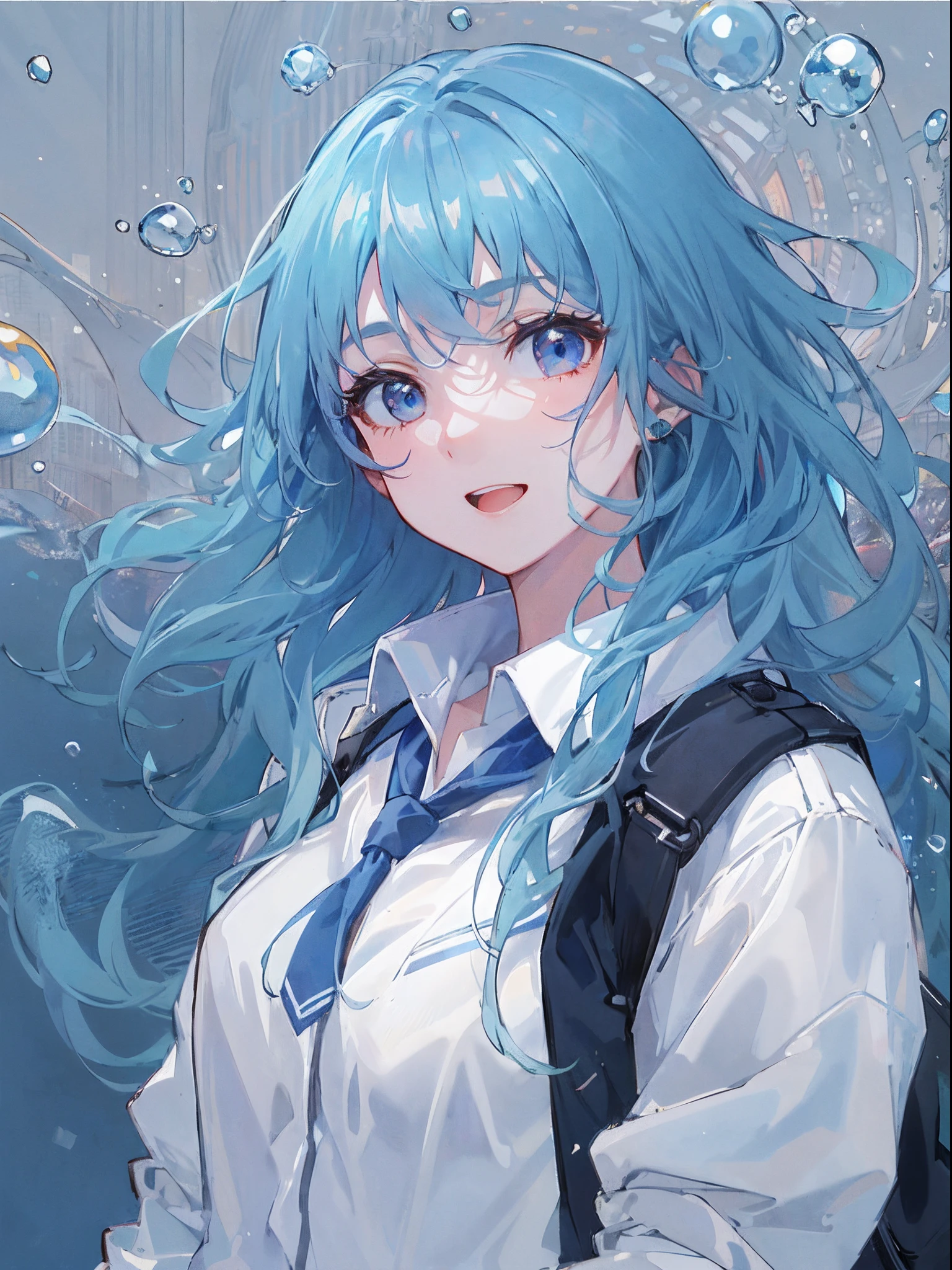 ((top-quality)), ((masterpiece)), ((ultra-detailliert)), (extremely delicate and beautiful), girl with, 独奏, cold attitude,((Black jacket)),She is very(relax)with the(Settled down)Looks,A dark-haired, depth of fields,evil smile,Bubble, under the water, Air bubble,bright light blue eyes,Inner color with light blue hair and dark blue tips,Cold background,Bob Hair - Linear Art, shortpants、knee high socks、White uniform like school uniform、Light blue ribbon ties、Clothes are sheer、Hands in pockets