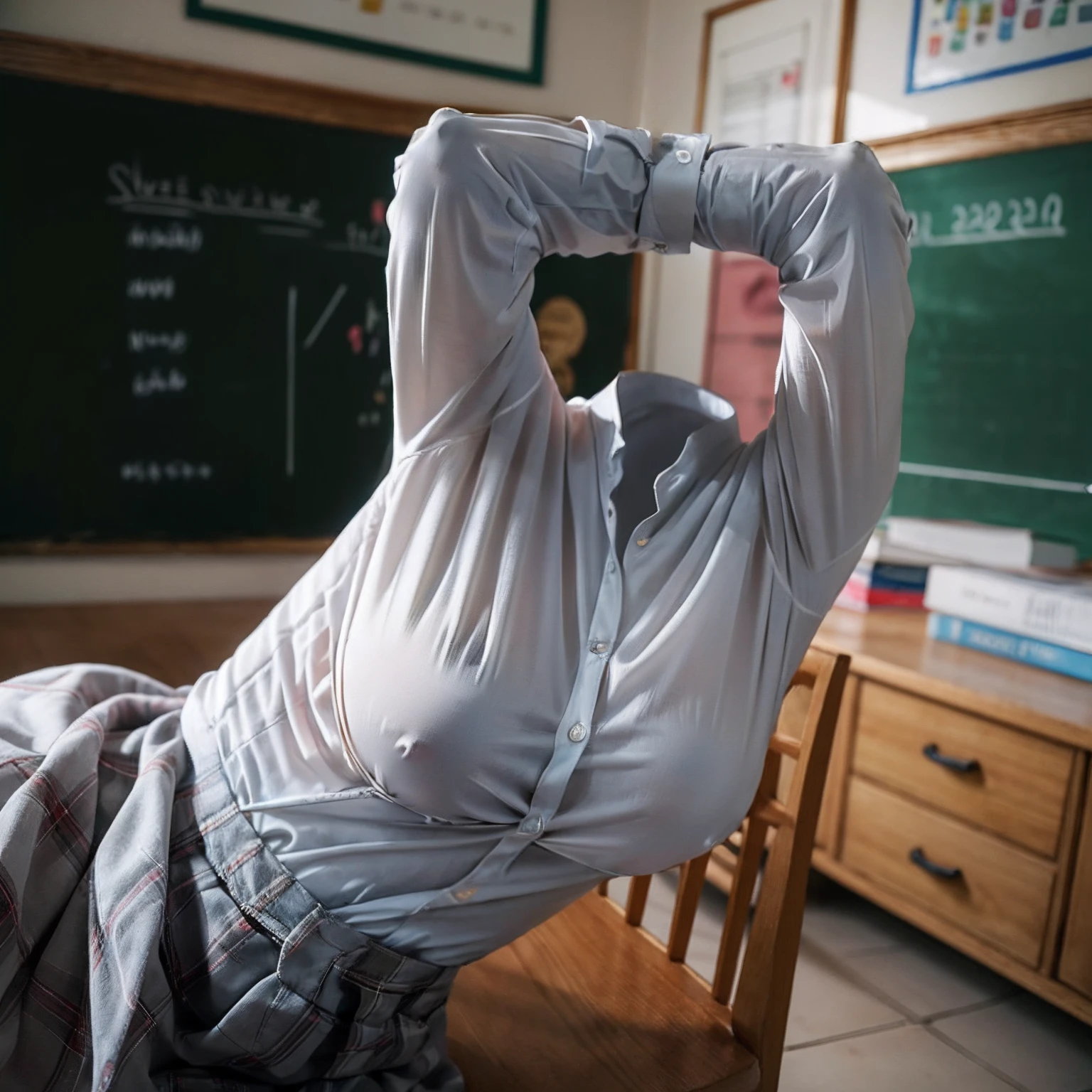 (girls' school blouse:1.7) , (school blouse swells as if worn by invisible girl:1.7),((invisible, no humans:1.7, headless:1.7, handless, legless)), (big breasts:1.9),(on bed),(arms up),
(8k, RAW photo, best quality, masterpiece:1.2), (realistic, photo-realistic:1.37),photon mapping, radiosity, ((Hasselblad photography)),physically-based rendering,