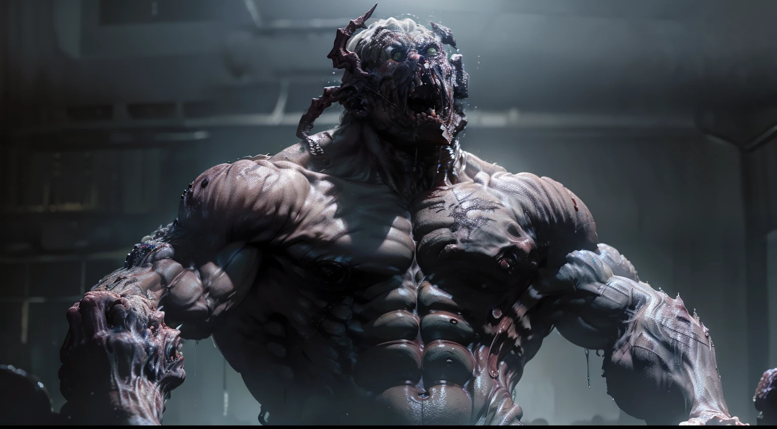 muscled demon in a creepy laboratory, muscled monster, bodybuilding pose, ultra detailed, ominous atmosphere, horror movie.