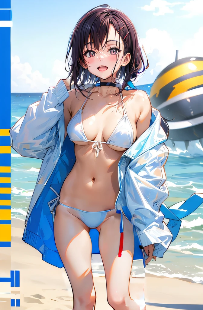 score_9, score_8_up, score_7_up, source_anime BREAK 1girl, solo, looking at viewer, cowboy shot, detailed background, Heroine X, stomach, navel, white bikini, white panties, side-tie bikini bottom, blue shrug \(clothing\), long sleeves, wristband, baseball cap, huge breasts, underboob, sideboob, beach, ocean, sunlight, waterdrop, heart hands,