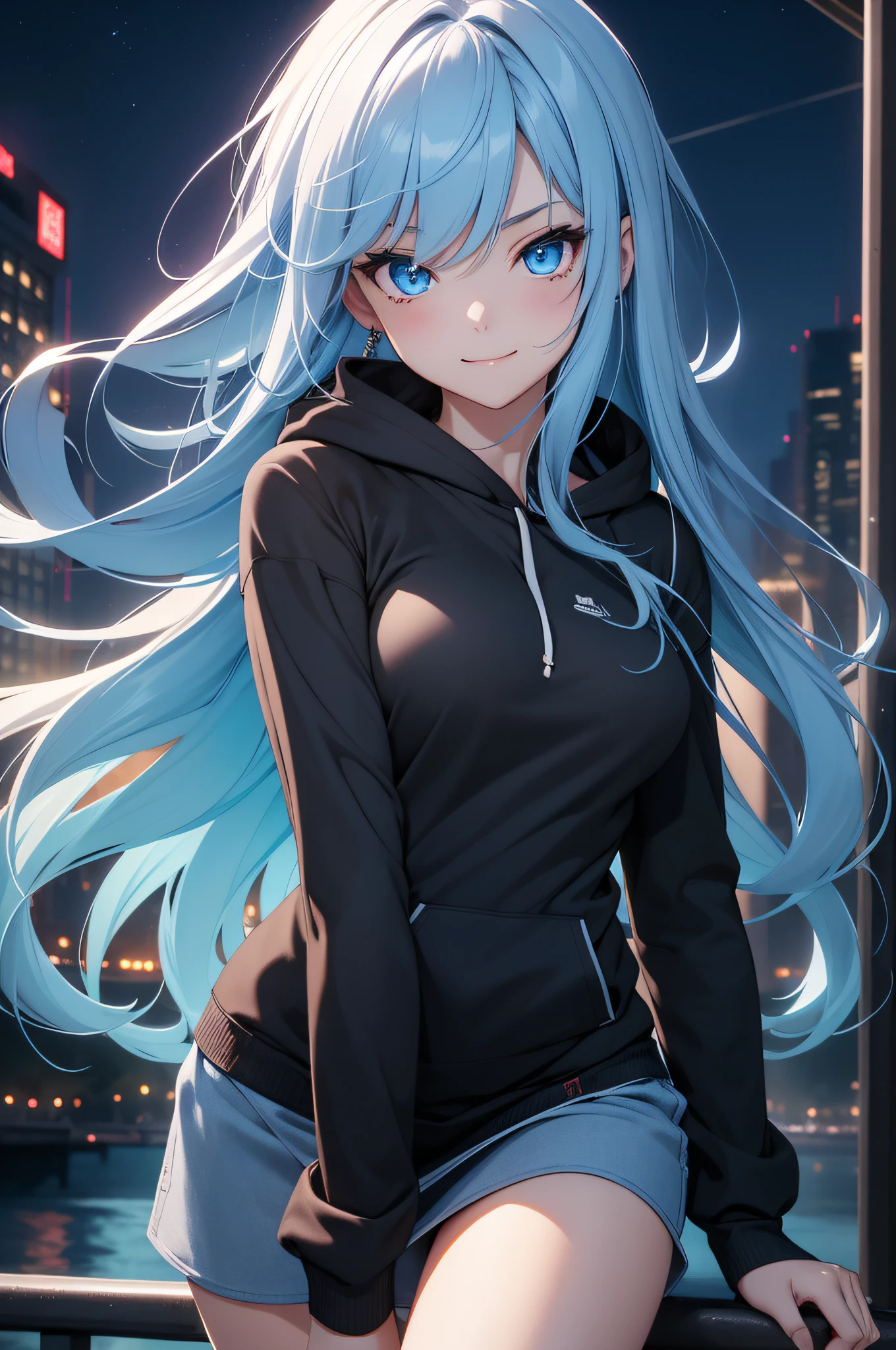 Best Quality、in 8K、32K、masutepiece、ultra-detailliert、超A high resolution、Impresionismo、Photorealsitic:1.2)、Dynamic lighting、dynamic shot、Detailed 3D rendering、Moody lighting、Detailed beautiful face and eyes、A slender、Medium bust、Full body、 Highly detailed background beauty face、Night sky background、20-year-old beauty、super detailed skin、Light blue hair、The long-haired、Blue eyes、miscievous smile、full body Esbian、Shoot in Pull、Upper body hoodie、Lower body black miniskirt