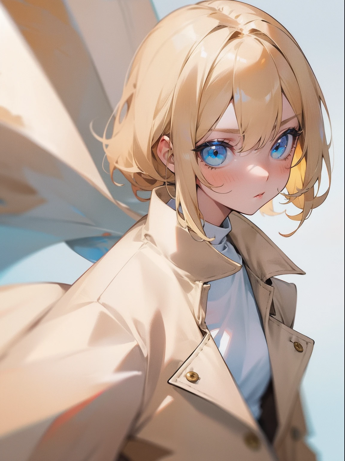 girl, blonde hair, white shirt, beige coat, light blue eyes