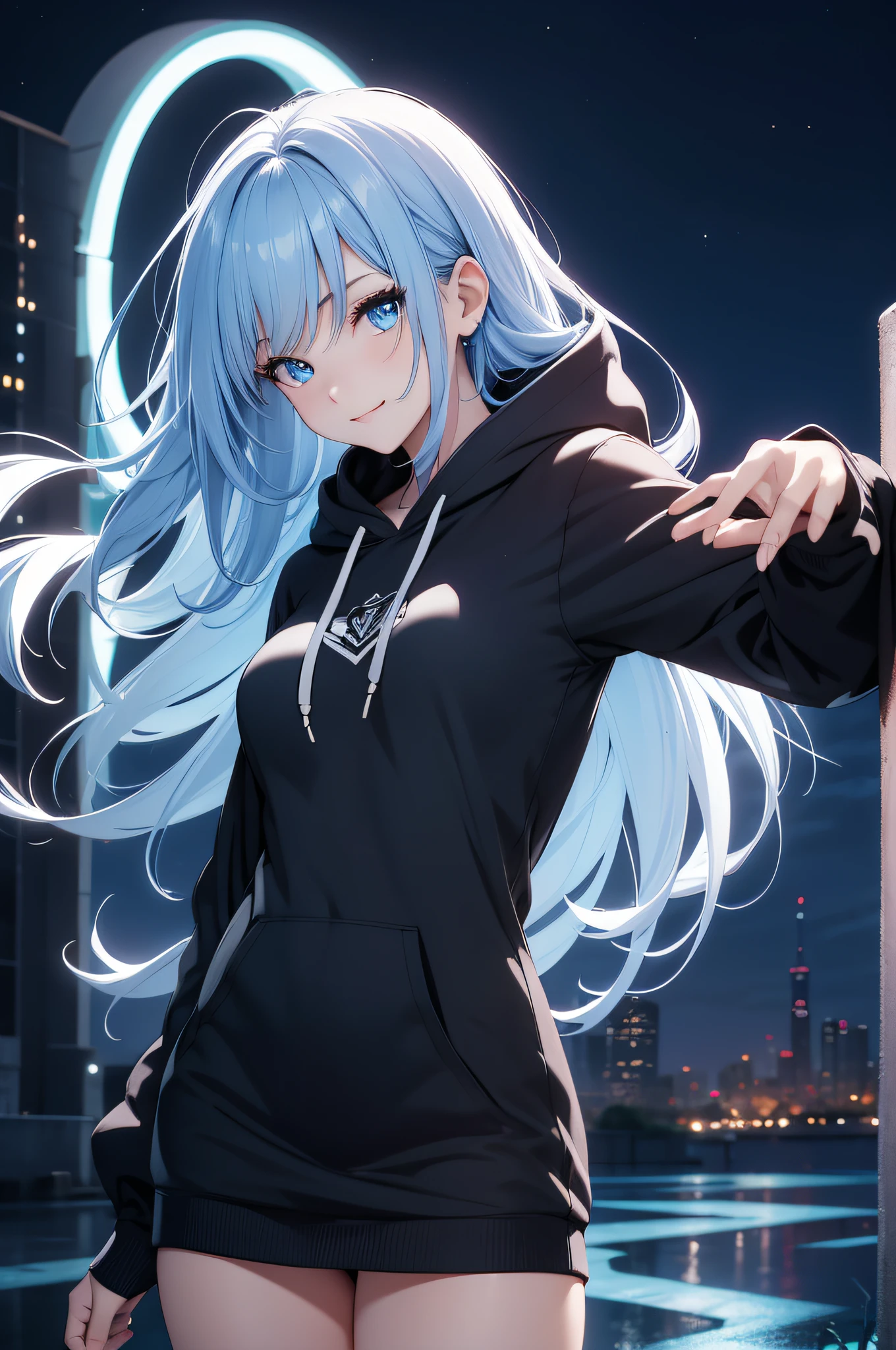 Best Quality、in 8K、32K、masutepiece、ultra-detailliert、超A high resolution、Impresionismo、Photorealsitic:1.2)、Dynamic lighting、dynamic shot、Detailed 3D rendering、Moody lighting、Detailed beautiful face and eyes、A slender、Medium bust、Full body、 Highly detailed background beauty face、Night sky background、20-year-old beauty、super detailed skin、Light blue hair、The long-haired、Blue eyes、miscievous smile、full body Esbian、Shoot in Pull、Upper body hoodie、Lower body black miniskirt