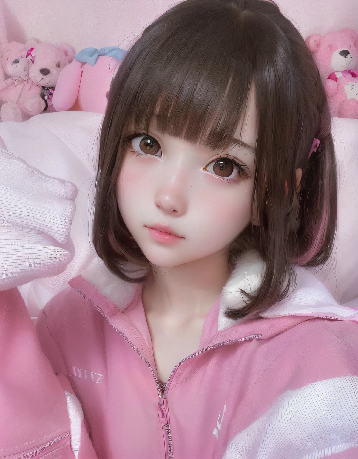 There is a girl in a pink jacket and a teddy bear, kawaii realistic portrait, cute kawaii girl, cute natural anime face, girl cute-fine-face, ulzzangs, extremely cute anime girl face, Cute anime face, Cute anime girl, realistic young anime girl, clear cute face, pink twintail hair and cyan eyes