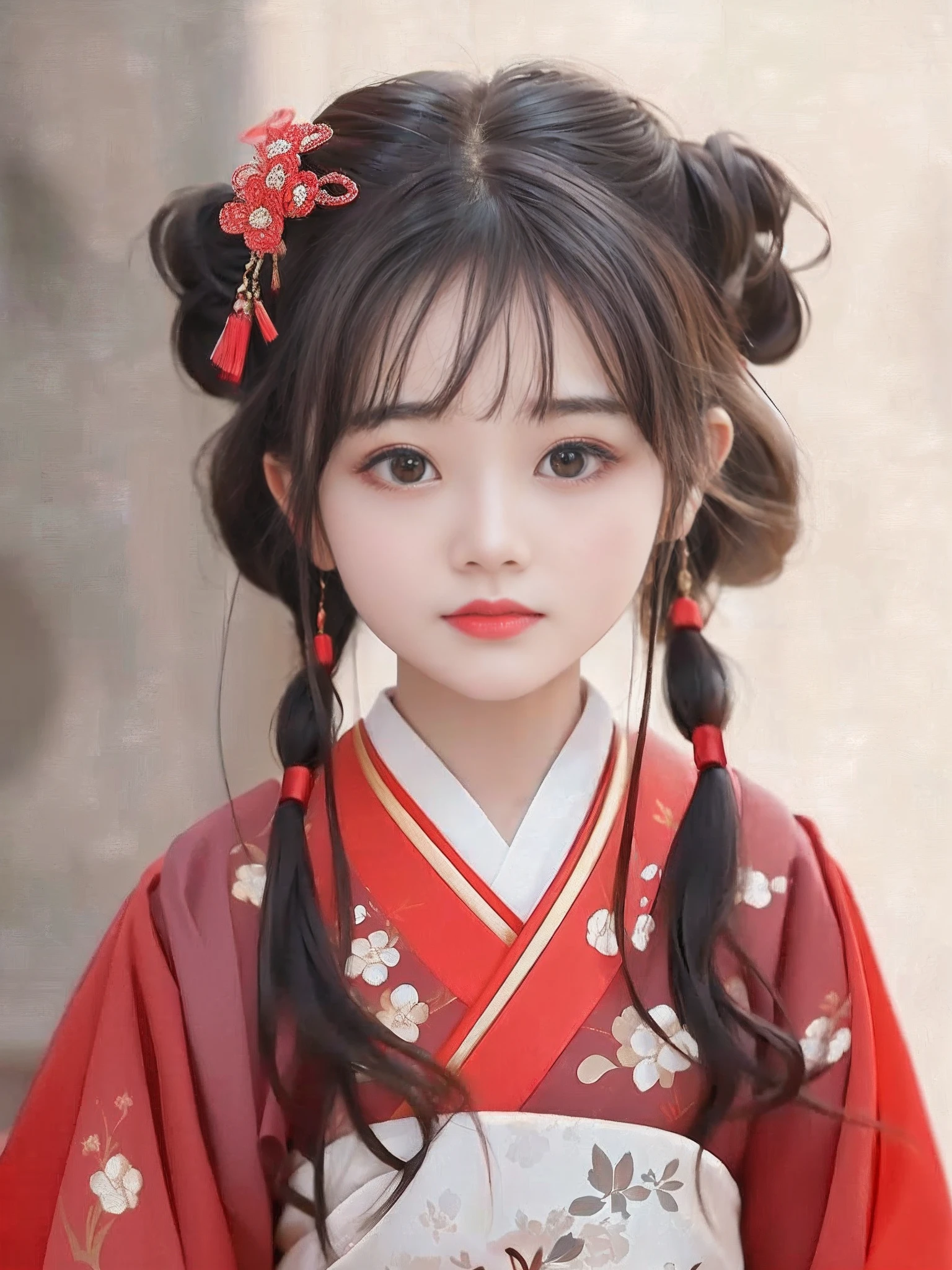 Close-up of a young girl in a red and white kimono, Chinese girl, Palace , A girl in Hanfu, Hanfu, Beautiful character painting, lovely digital painting, up of young anime girl, Realistic cute girl painting, Chinese style, Cute young girl, Chinese traditional, Asian girl, Cute anime girl, young girl, cute beautiful, Traditional beauty, Very beautiful girl