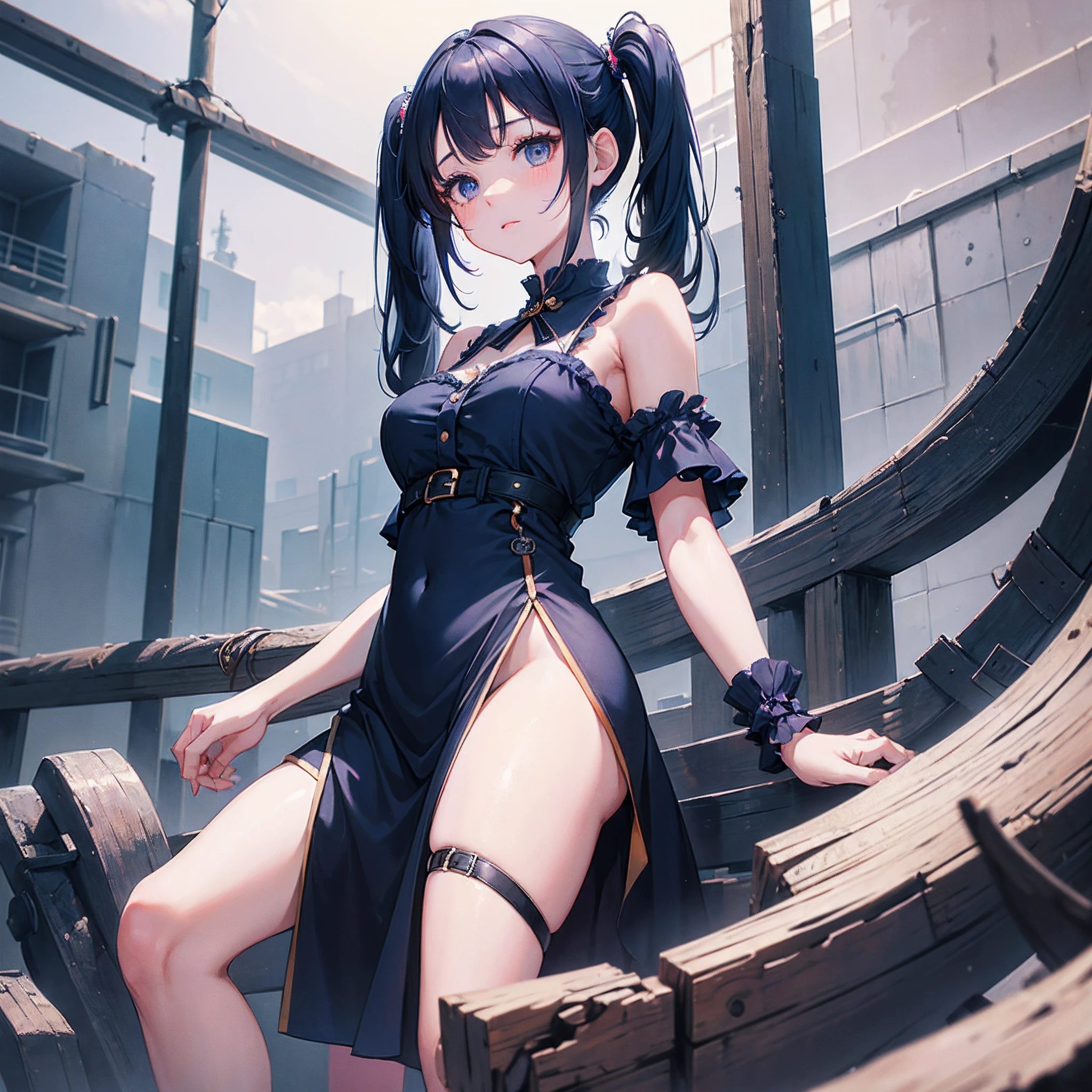 (masterpiece), best quality, expressive eyes, perfect face, navy blue hair, medium hair, pigtails hairstyle, black eyes, eyes detail, soft skin, cute face, happy facial features, beautiful girl, high quality, high resolution, short dress, long medium shot, view from below,modern dress