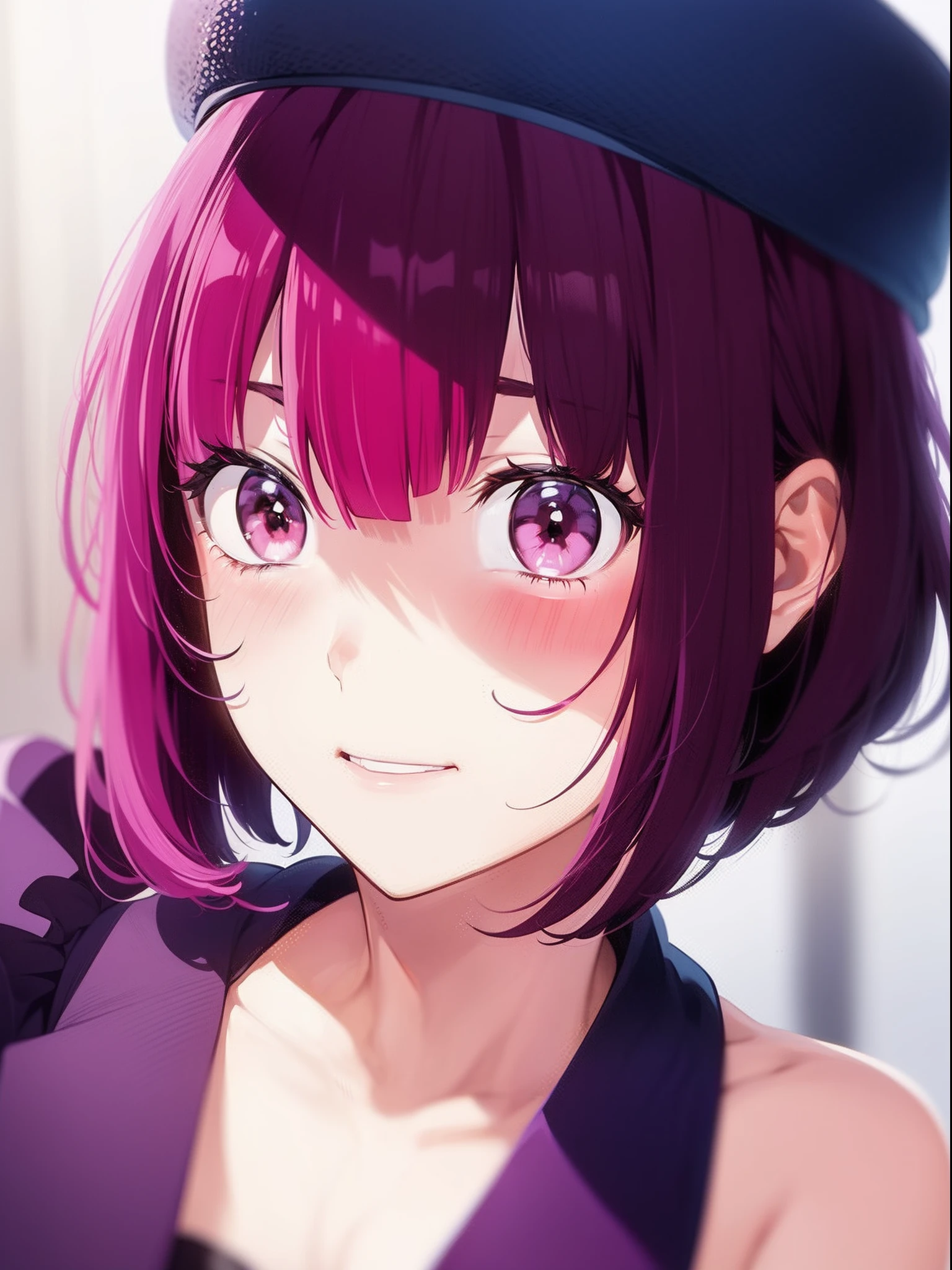 1 girl, Graduation Bob, Straight short hair, Medium violet redhead, Medium Violet Red Eyes, big drooping eyes, Little Blue Beret, selfish, smug face