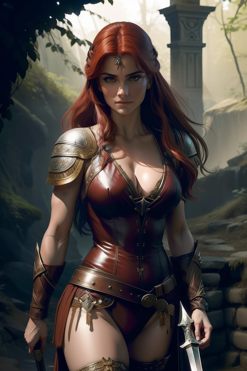 Red Sonja, mulher guerreira, cabelos longos, ruivos, olhos selvagens, voluptuosa, athletic, usando uma cota de malha prateada cobrindo os seios, tanga curta feita de pele animal,botas de couro bordado envelhecido, Holding tightly his Hirkanian sword with one hand and with the other with a blood-stained Estygia dagger,about to enter the battlefield near an endless ravine. film composition photography, Very detailed, extremely high-resolution, cor profissional, luz maravilhosa, luz do dia, 300k resolution,
altamente realista, muitos detalhes.