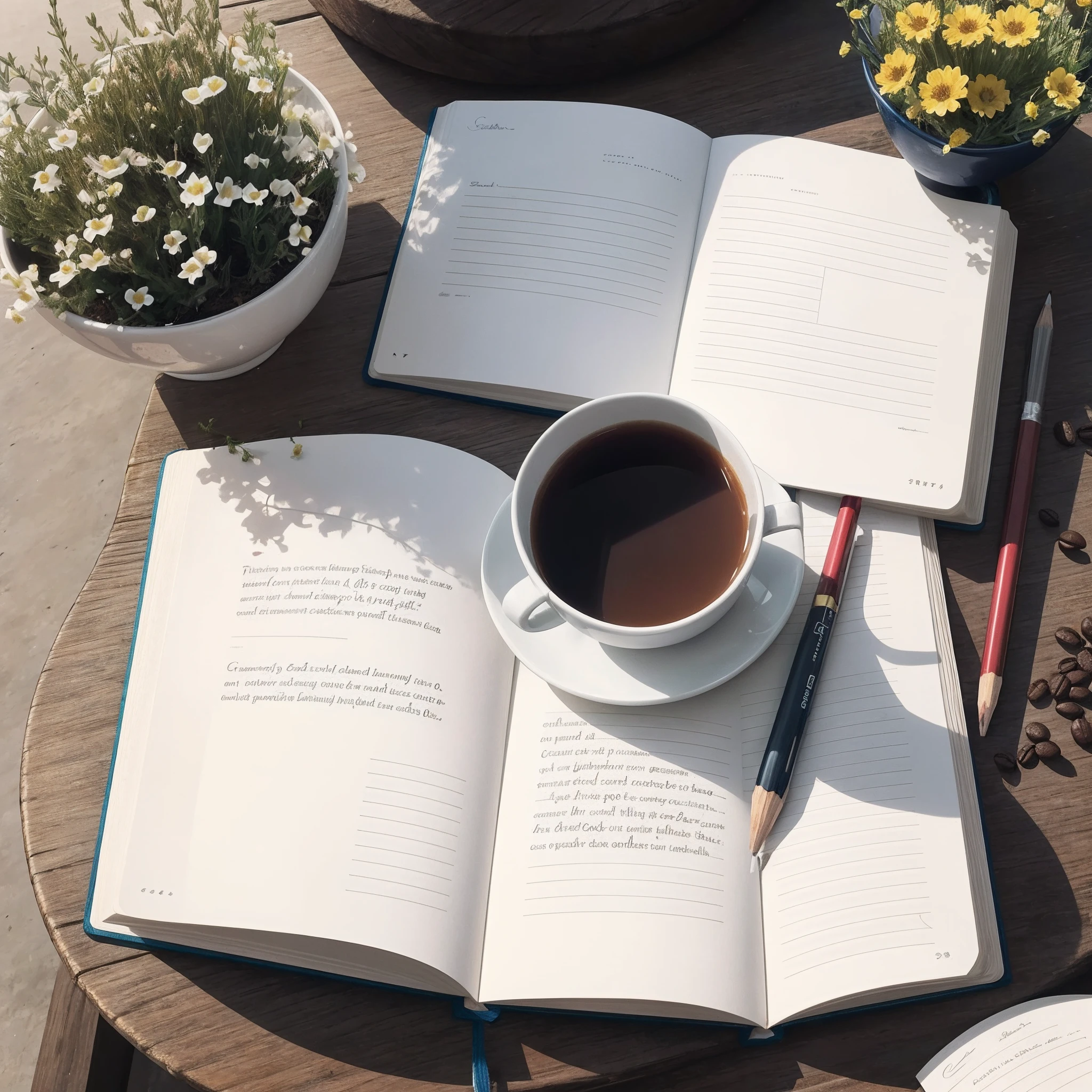 A picture of an open gratitude journal with a pencil resting on it, surrounded by small flowers, a cup of tea or coffee, y una suave puesta de sol en el fondo. This image evokes the idea of taking a quiet moment to reflect and appreciate the little things in life.., The image is sharp and attractive, con un equilibrio visual agradable a la vista.