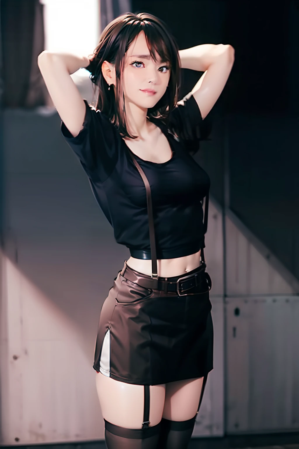 Black skirt, suspenders, Brown hair Gray eyes, Garter belt on the legs, Tight clothes, a belt Armpit sweat deadpan Moderate breasts tank top
