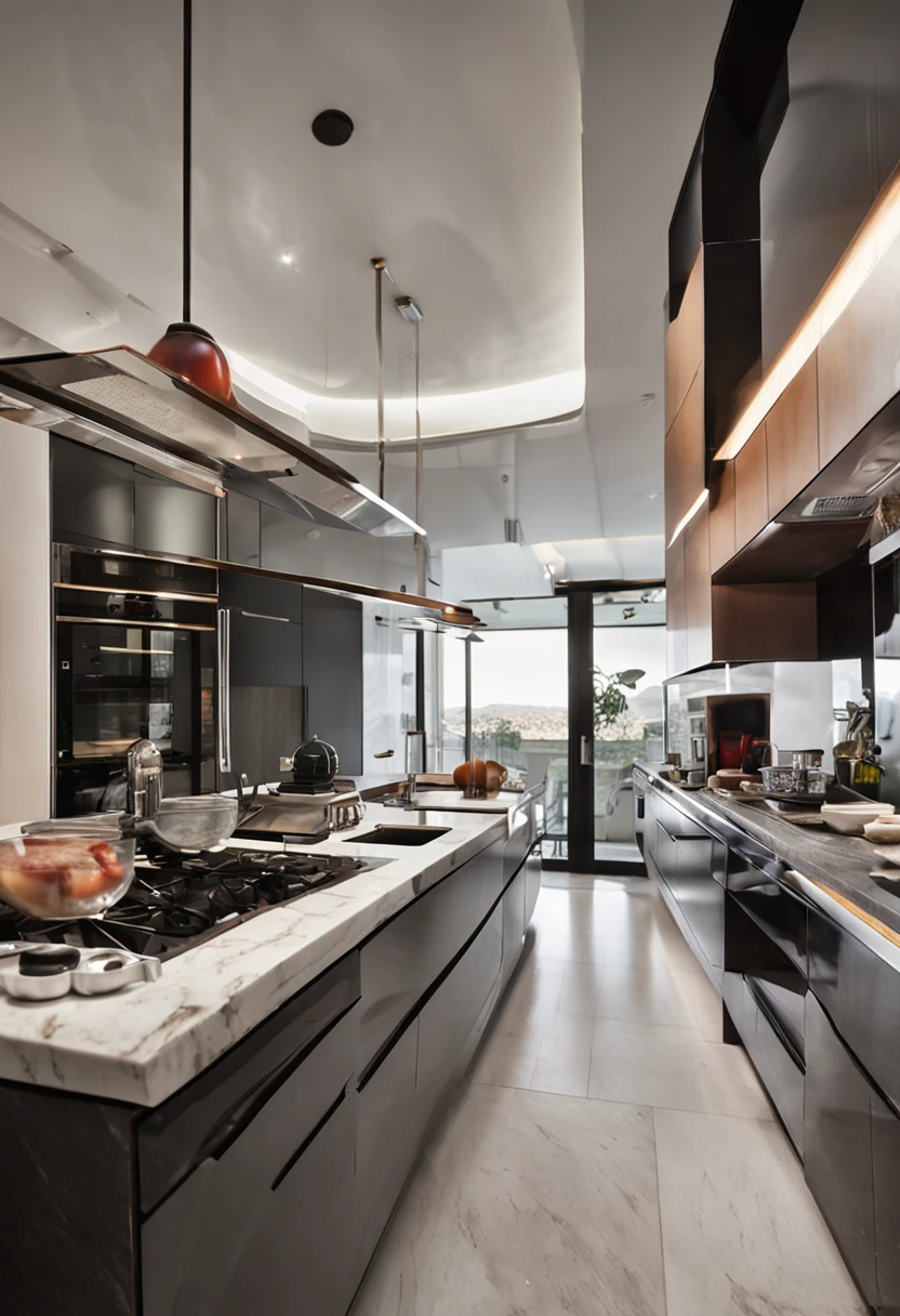 Zaha,cocina moderna,Magnificent renovation,refrigerador,armario,Escena amplia,in a panoramic view,Desde el exterior, hiper HD, Detalles altos