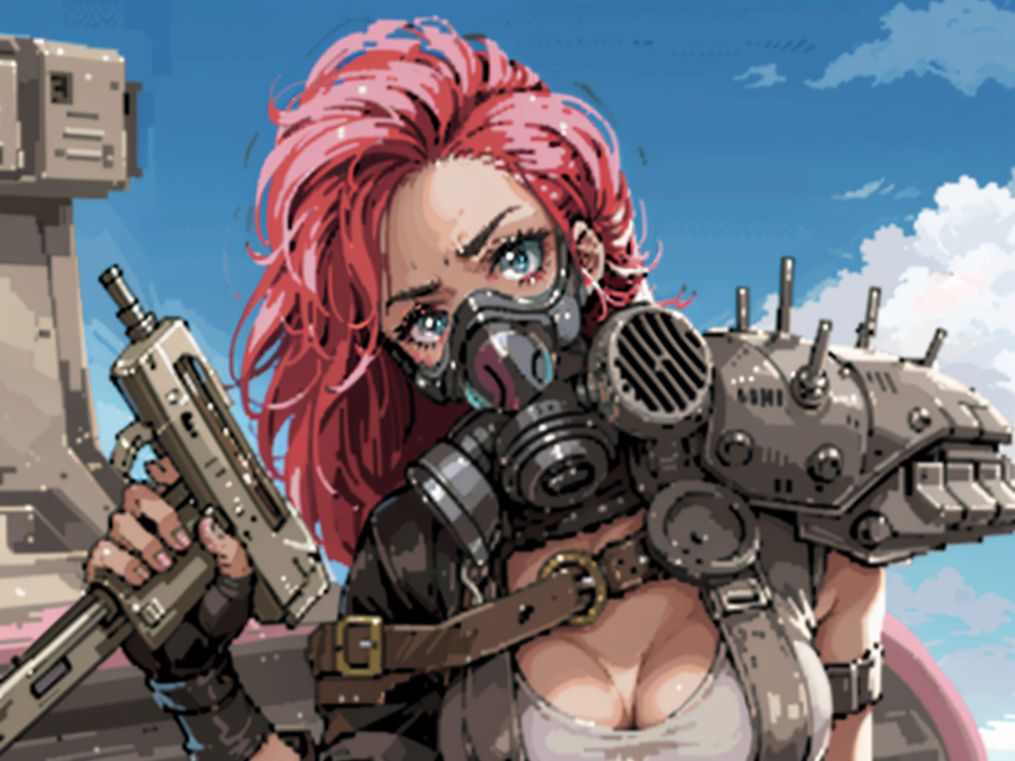 (tmasterpiece, hiquality, beste-Qualit), pixel, Pixel Art, 1 girl, Mad Max ,in a gas mask , body complet, (((Contemptuous, Hesitate)))