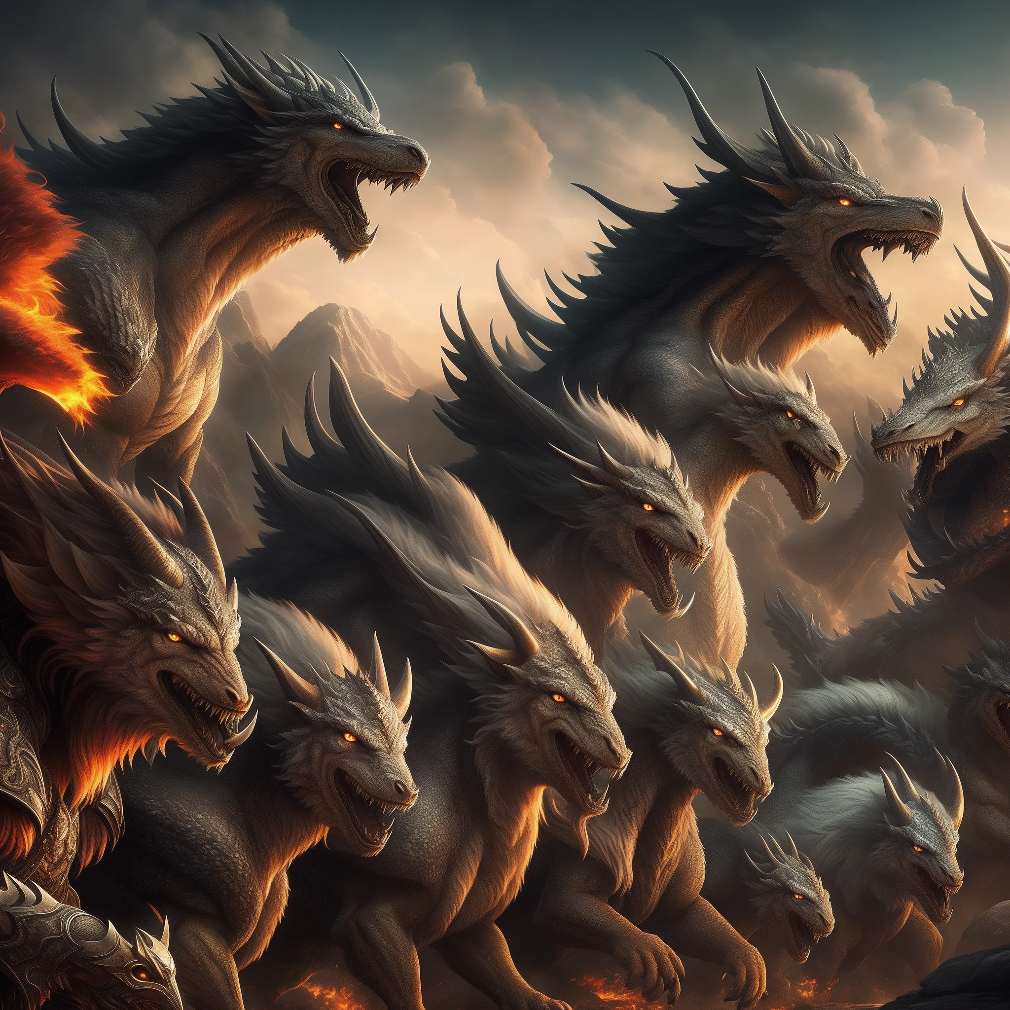 (best quality,4k,highres,masterpiece:1.2),ultra-detailed,(realistic:1.37),a man with platinum white hair taming beasts, with dragons and wolves in the background as his companions,illustration,beasts tamed,white hair details,detailed dragons,fierce wolves,eye-catching background,impressive landscape,wisdom and power exuded,powerful bond between man and animals,detailed fur textures,dramatic lighting,colorful and vibrant,contrast between darkness and light
