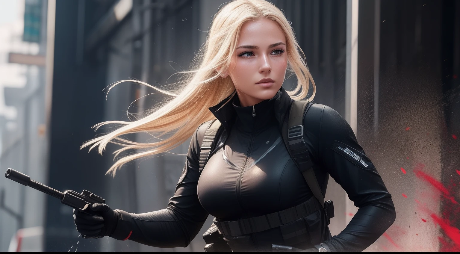 A perfect woman, Ultra detailed. Perfect body, Blonde Military operator ,face with perspiration, wet face, determined face, young adult male, runing forward, good body, , no helmet, black suit with multiple pockets, red background